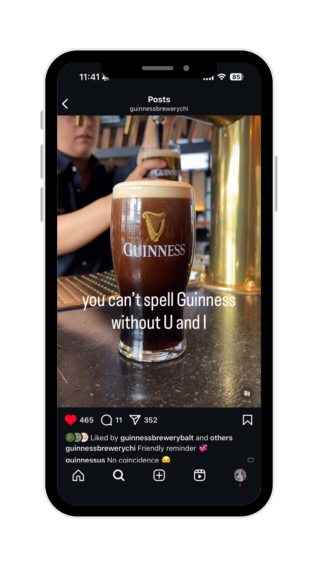 A smartphone screen displaying an Instagram post with a picture of a pint of Guinness beer on a bar counter. The beer glass has the Guinness logo, and there is a woman in the background holding another pint. The overlay text on the image says, "you can't spell Guinness without U and I."
