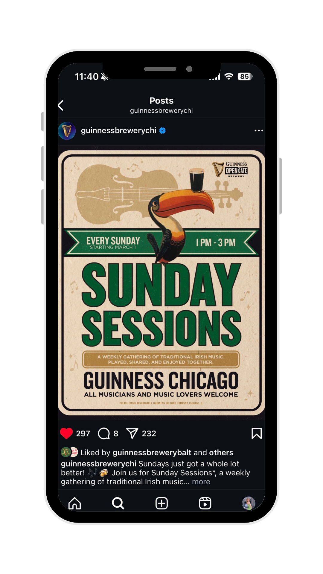 Social media post advertising Sunday Sessions at Guinness Chicago featuring traditional Irish music every Sunday from 1 PM to 3 PM, starting March 1, with a toucan holding a pint of Guinness in front of a guitar and violin background.