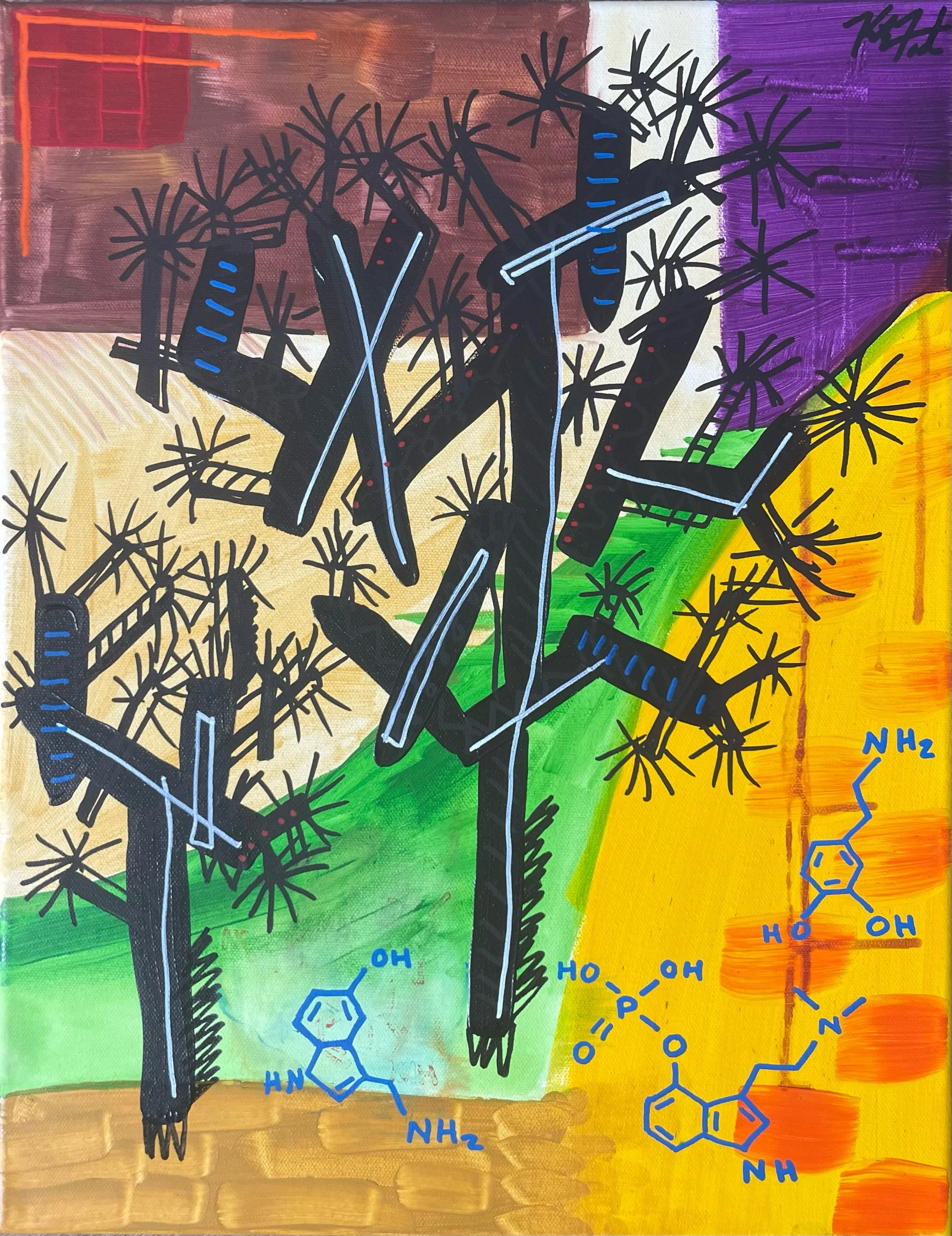Psilocybin Trees,
acrylic on canvas,
14" x 18" //
Molecular structures are Psilosin, Psilocybn, and Serotonin.