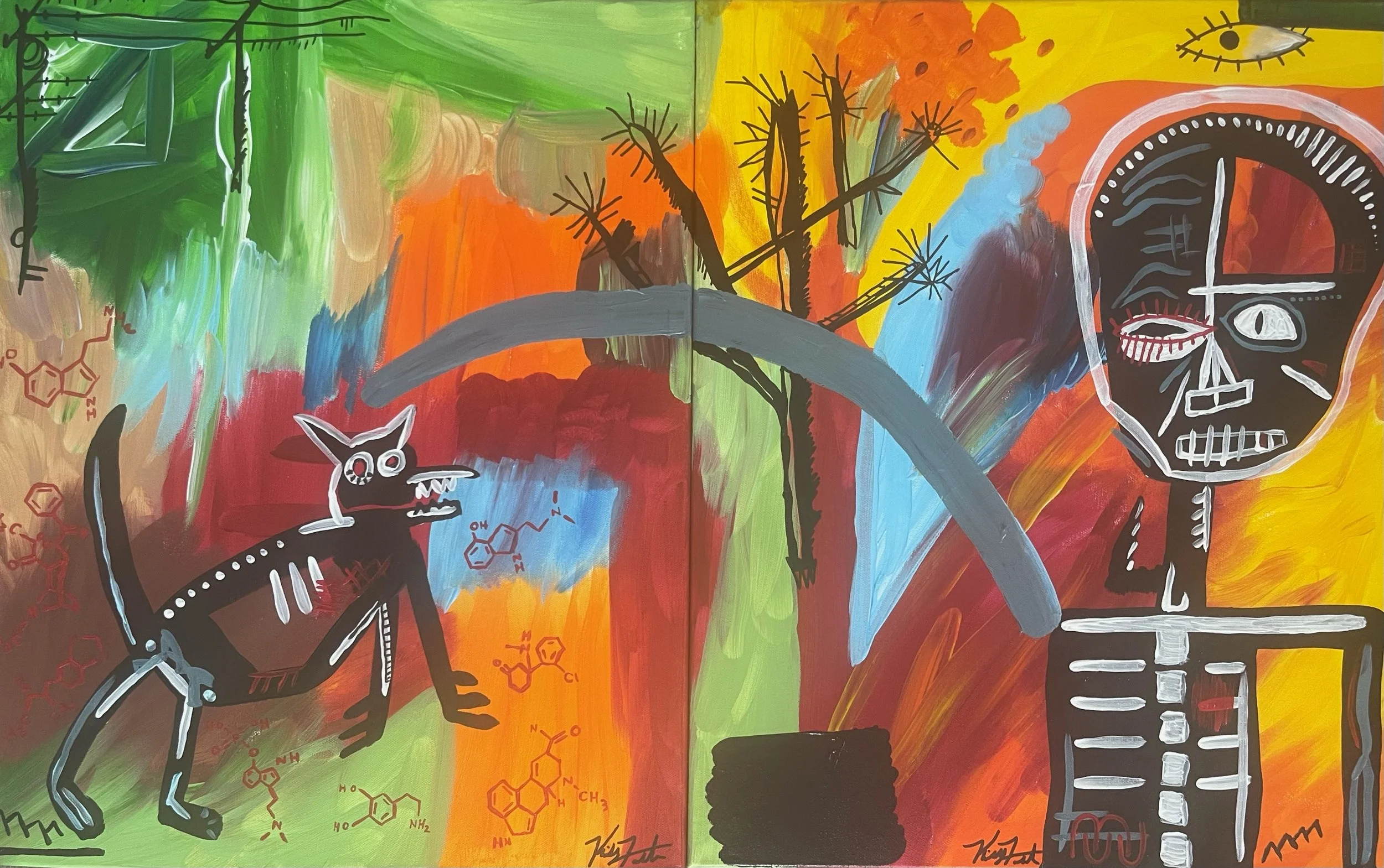 Temple of the Dog,
acrylic on canvas,
Diptych, Panel A 16" x 20", Panel B 16" x 20" //
Molecular structures are LSD, DMT, Ketamine, Cocaine, Psilocybin, 2CB, Dopamine and Serotonin.