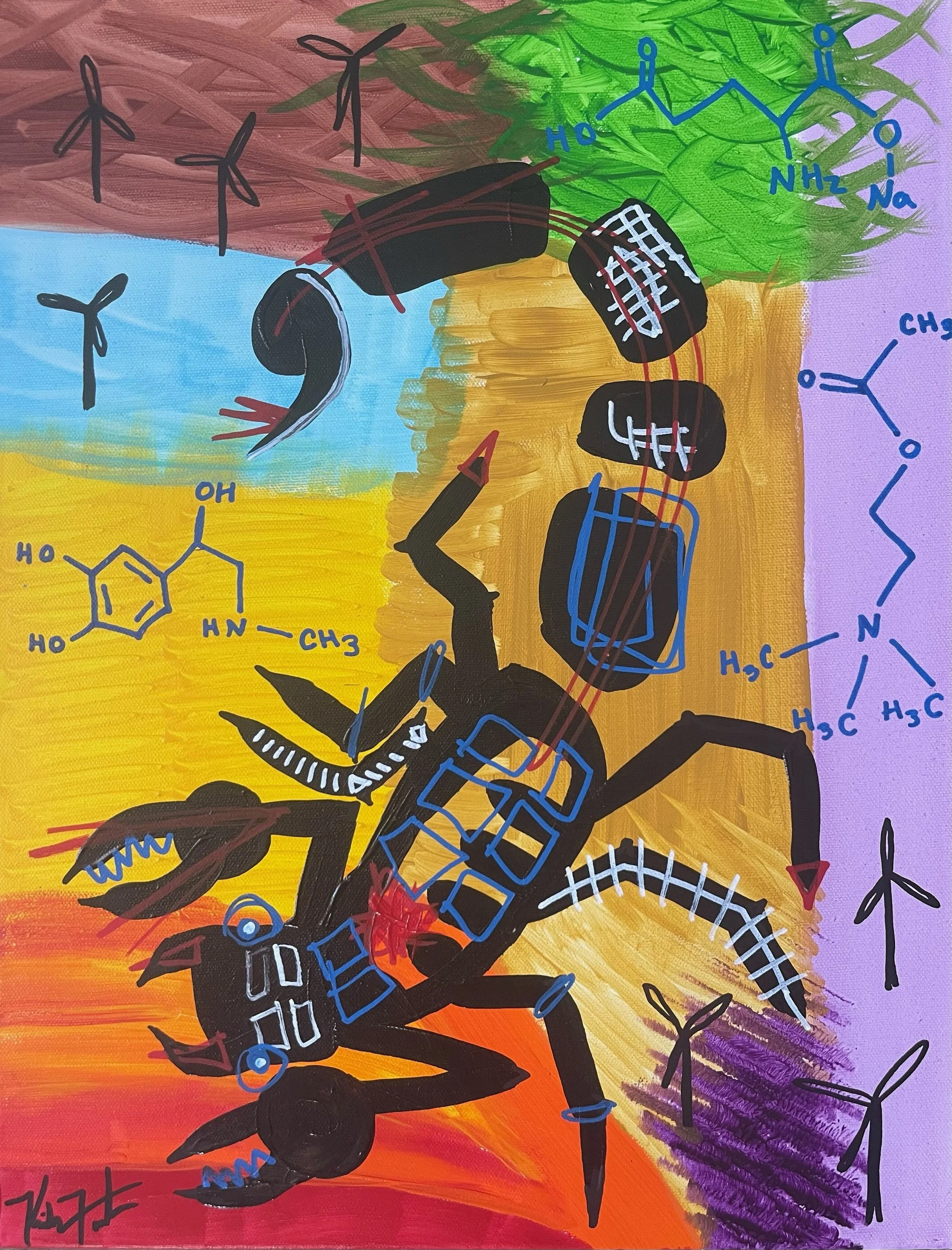 4am,
acrylic on canvas,
14" x 18" //
Molecular structures are acetylcholine and scorpion venom.