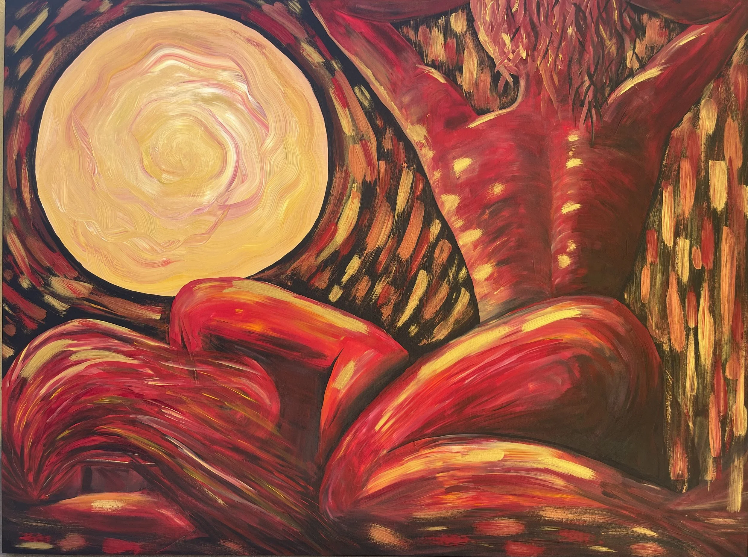 Full Moon Sirens,
acrylic and oil stick on gallery profile canvas,
48" x 36"