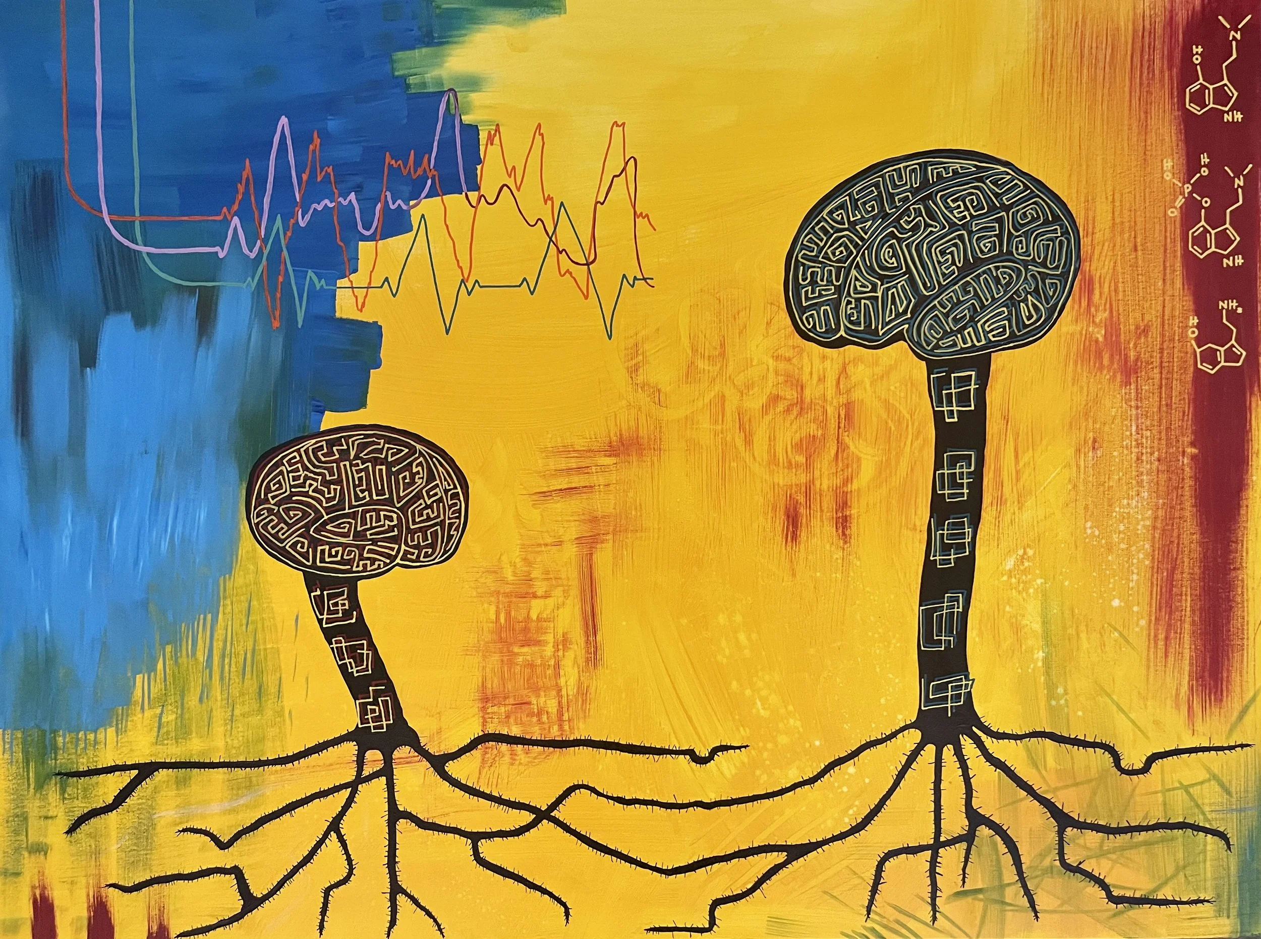 Neuromycology,
acrylic on canvas,
48" x 36" x 2" //
Wave forms are human heart, human theta, and mycelium. Molecular structures are psilocin, psilocybin, and serotonin.