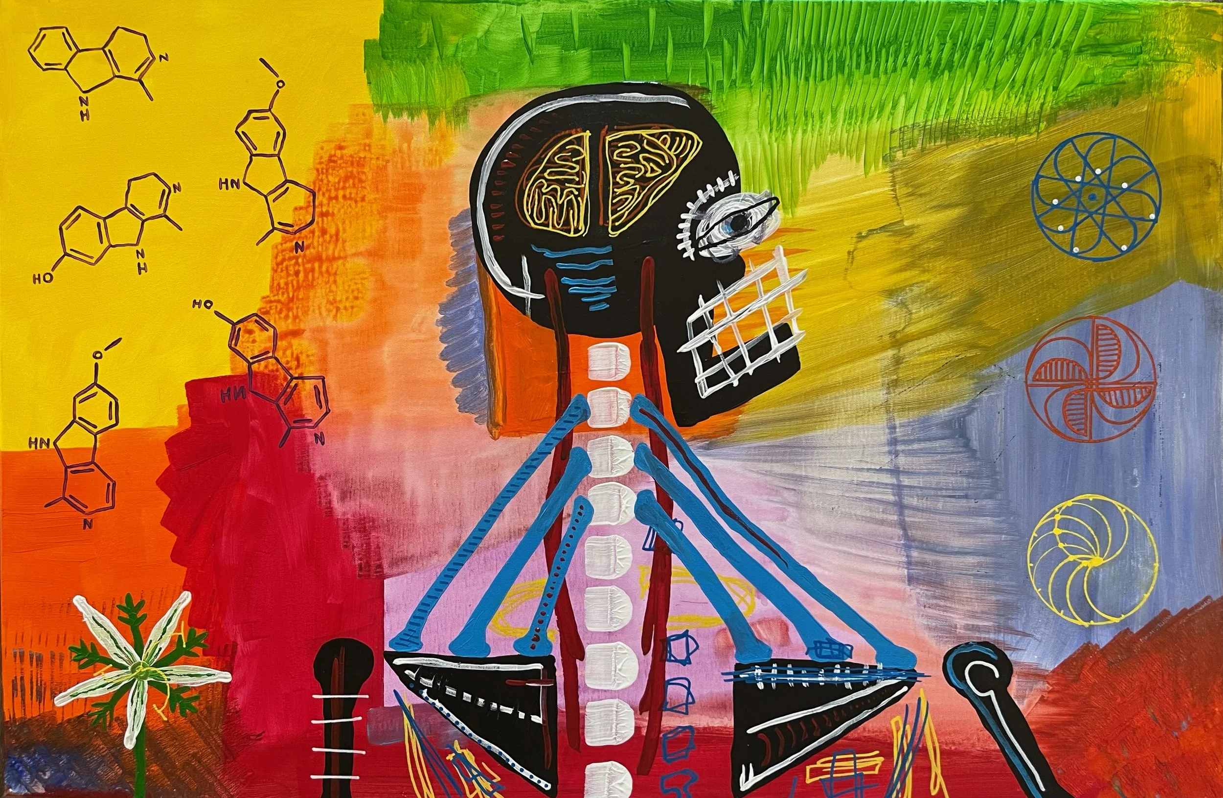 Harmala and Perpetual Motion,
acrylic on canvas,
36" x 24" //
Molecular structures are harmala alkaloids.