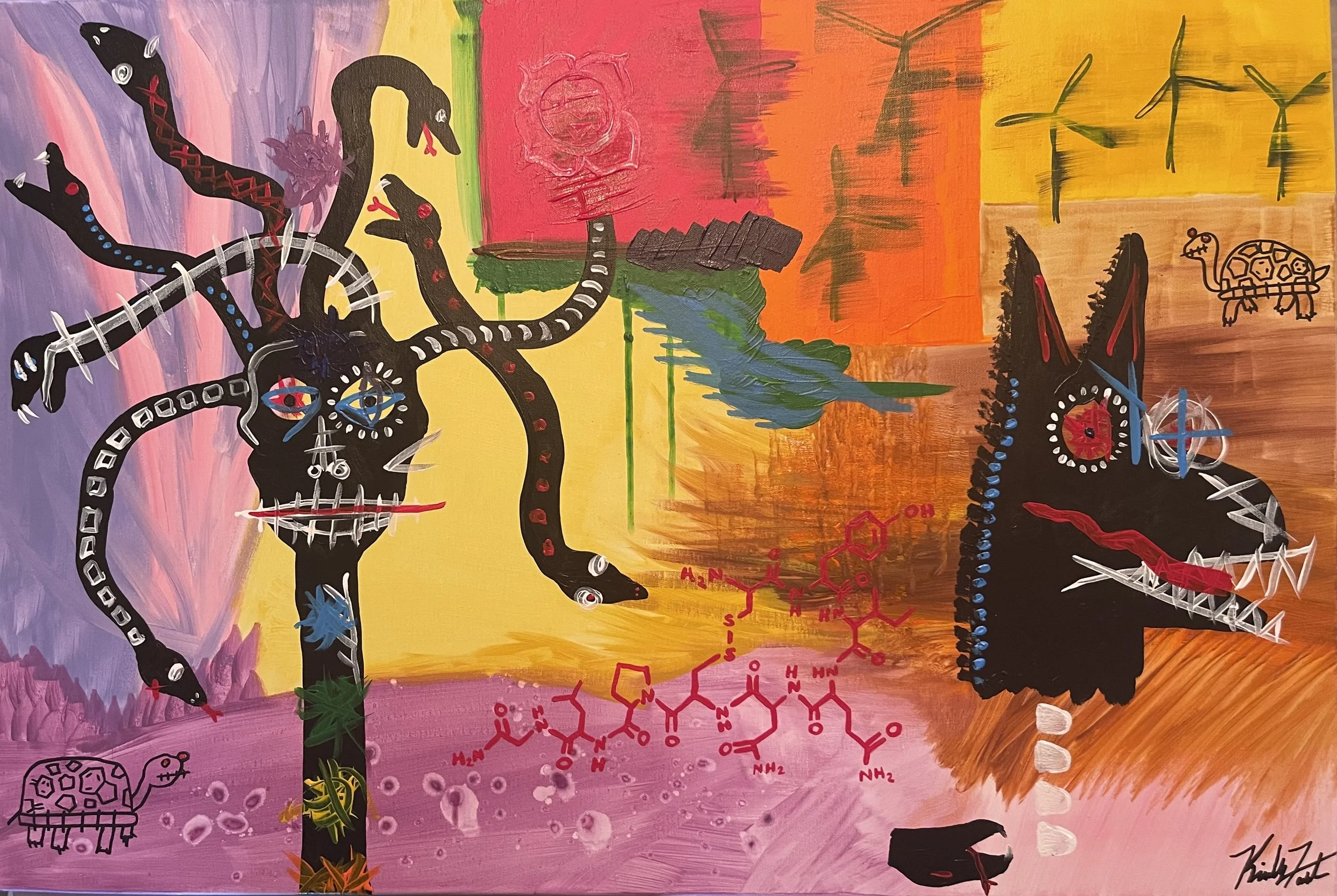 Joke's on You,
acrylic on canvas,
36" x 24" //
Molecular structure is oxytocin.
