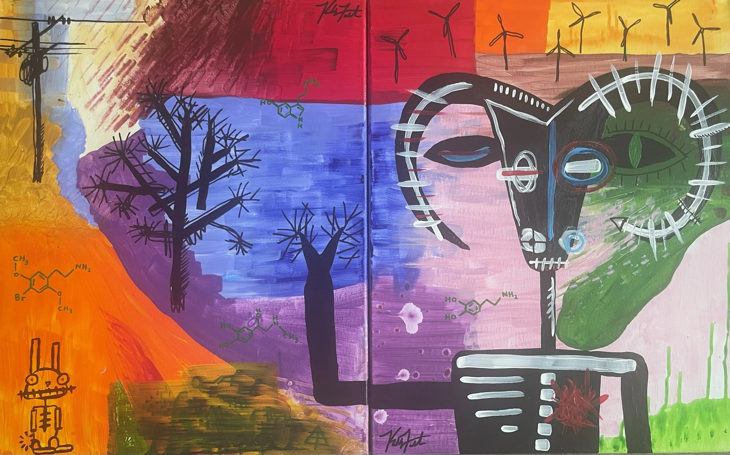 Trip 2CBaphomet,
acrylic on canvas,
Diptych, Panel A 16" x 20", Panel B 16" x 20" //
Molecular structures are 2-CB and serotonin.