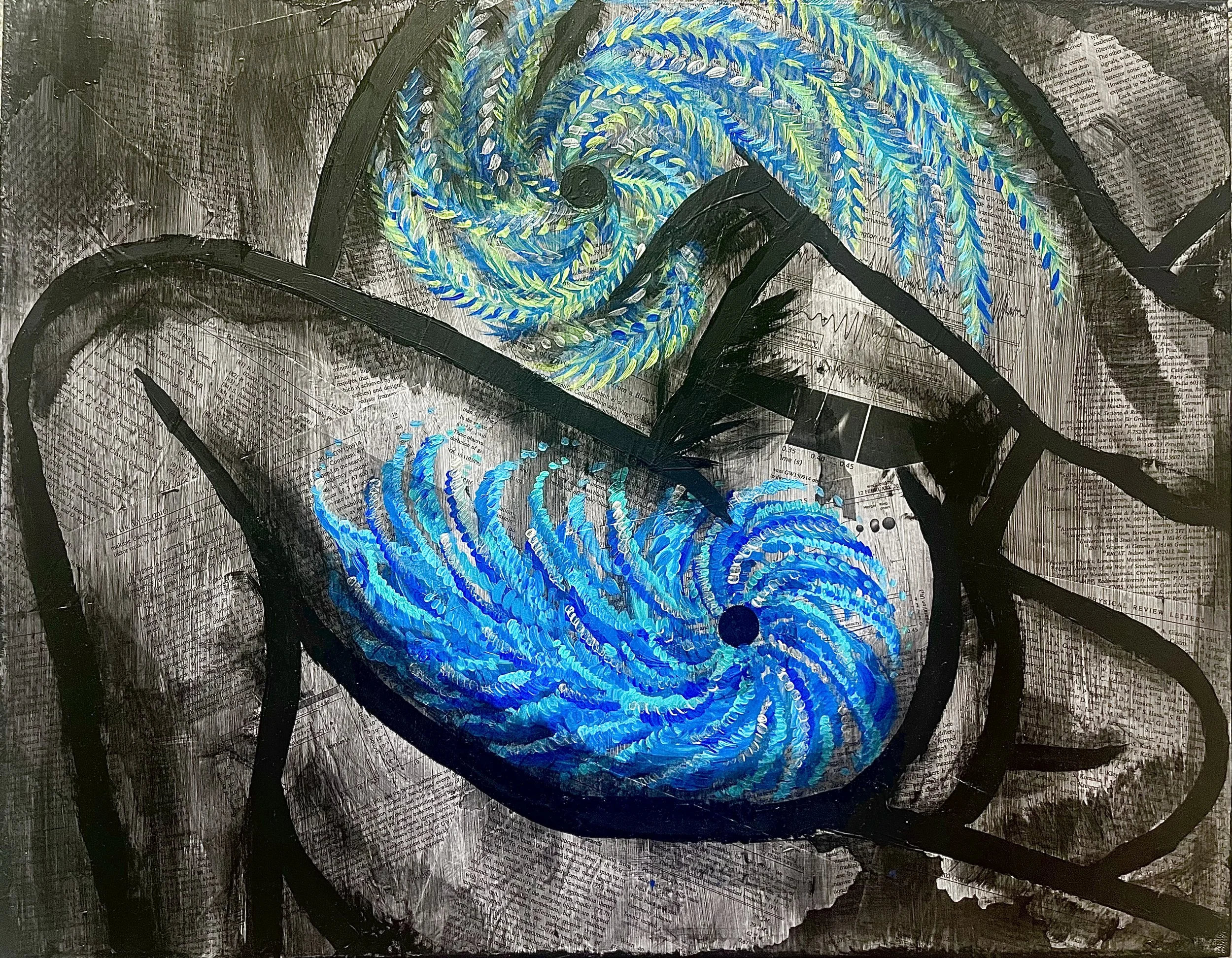 "Collision,"
gel medium, recycled journal articles on the observation of gravitational waves created by two black holes colliding, acrylic,
22" x 30"