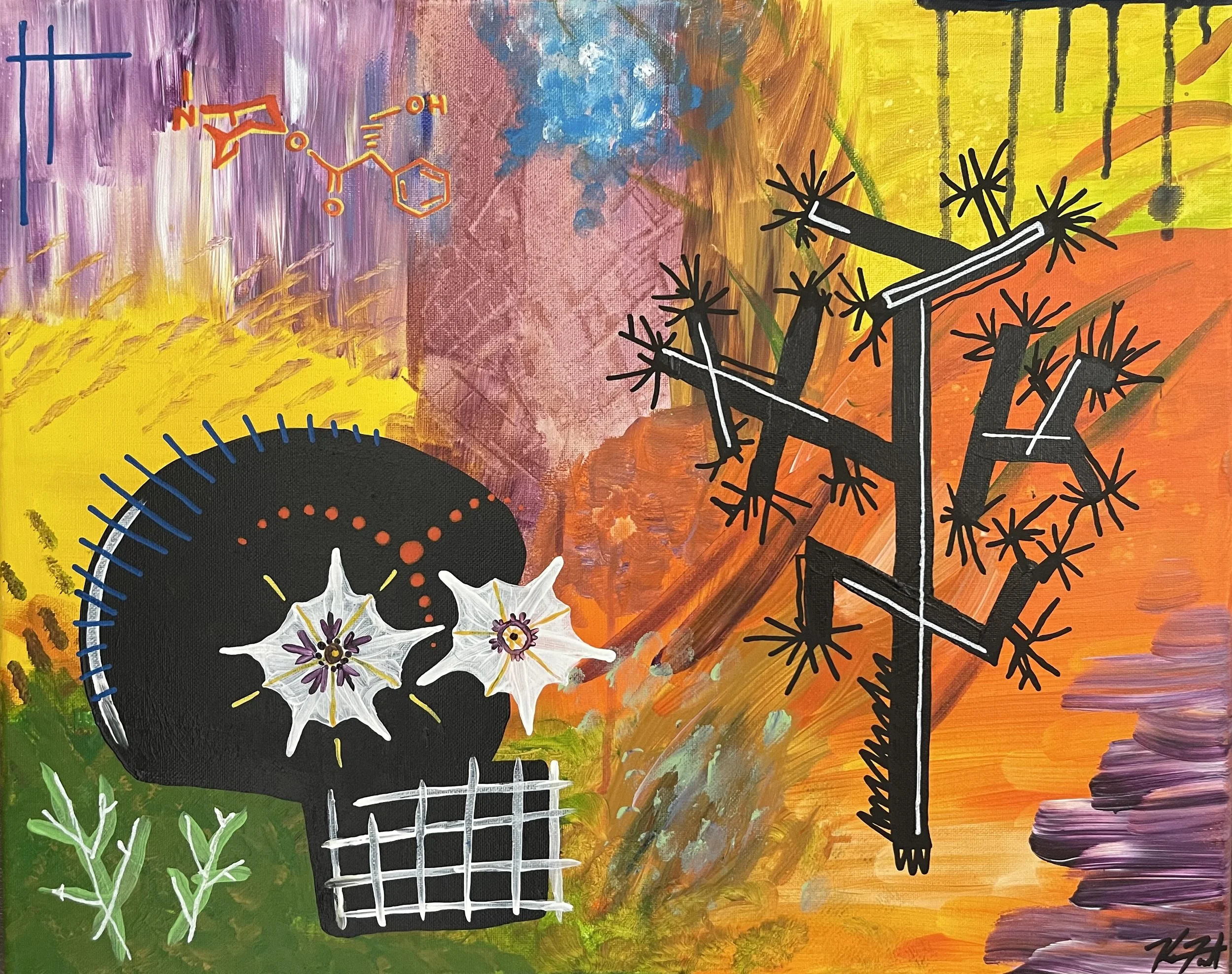 Datura Crossover,
acrylic on canvas,
20" x 16" //
Molecular structure is scopolamine.