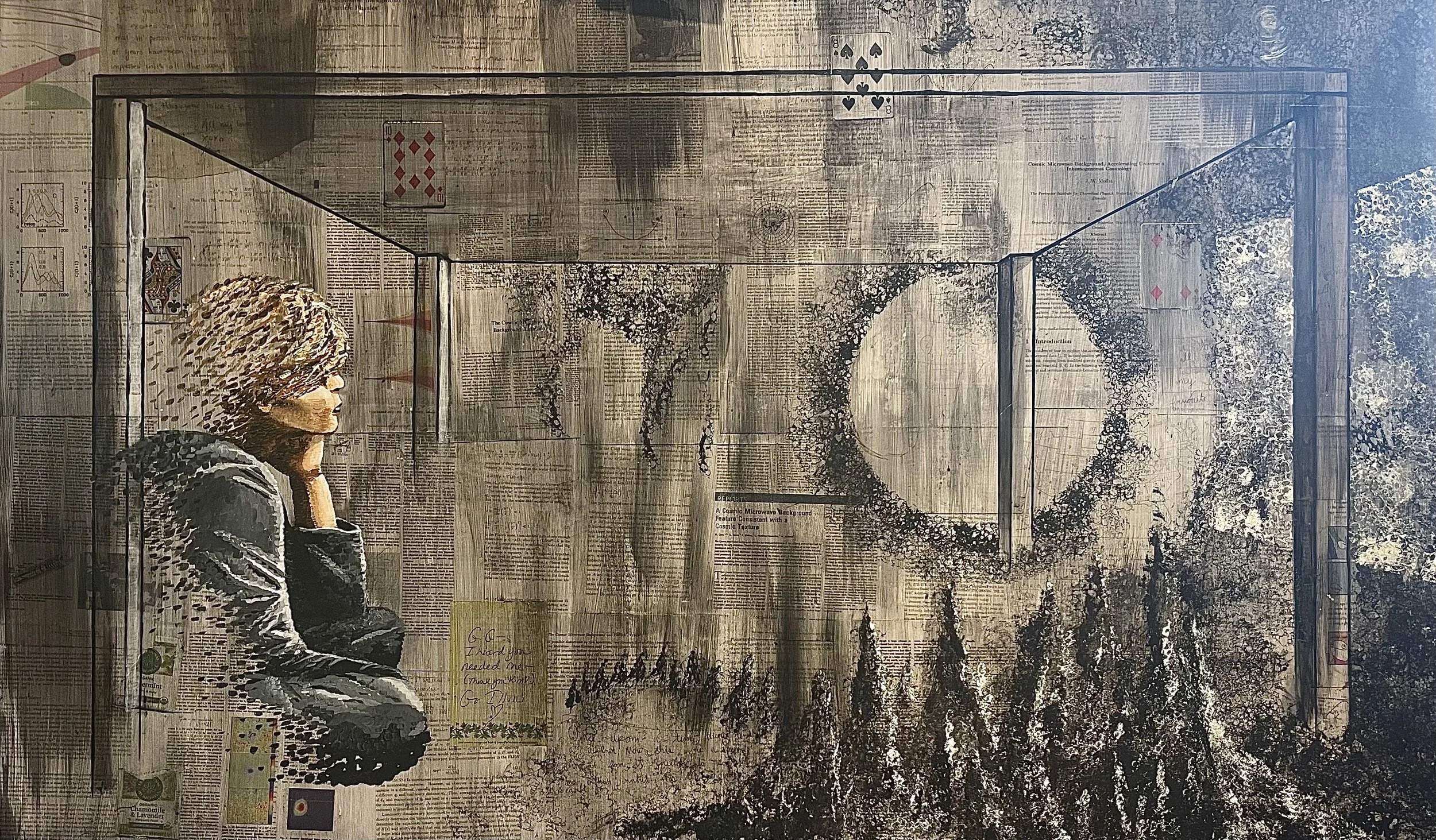 "Relic Radiation,"
gel medium, recycled journal articles on the cosmic microwave background, personal ephemera, acrylic,
36" x 60"
