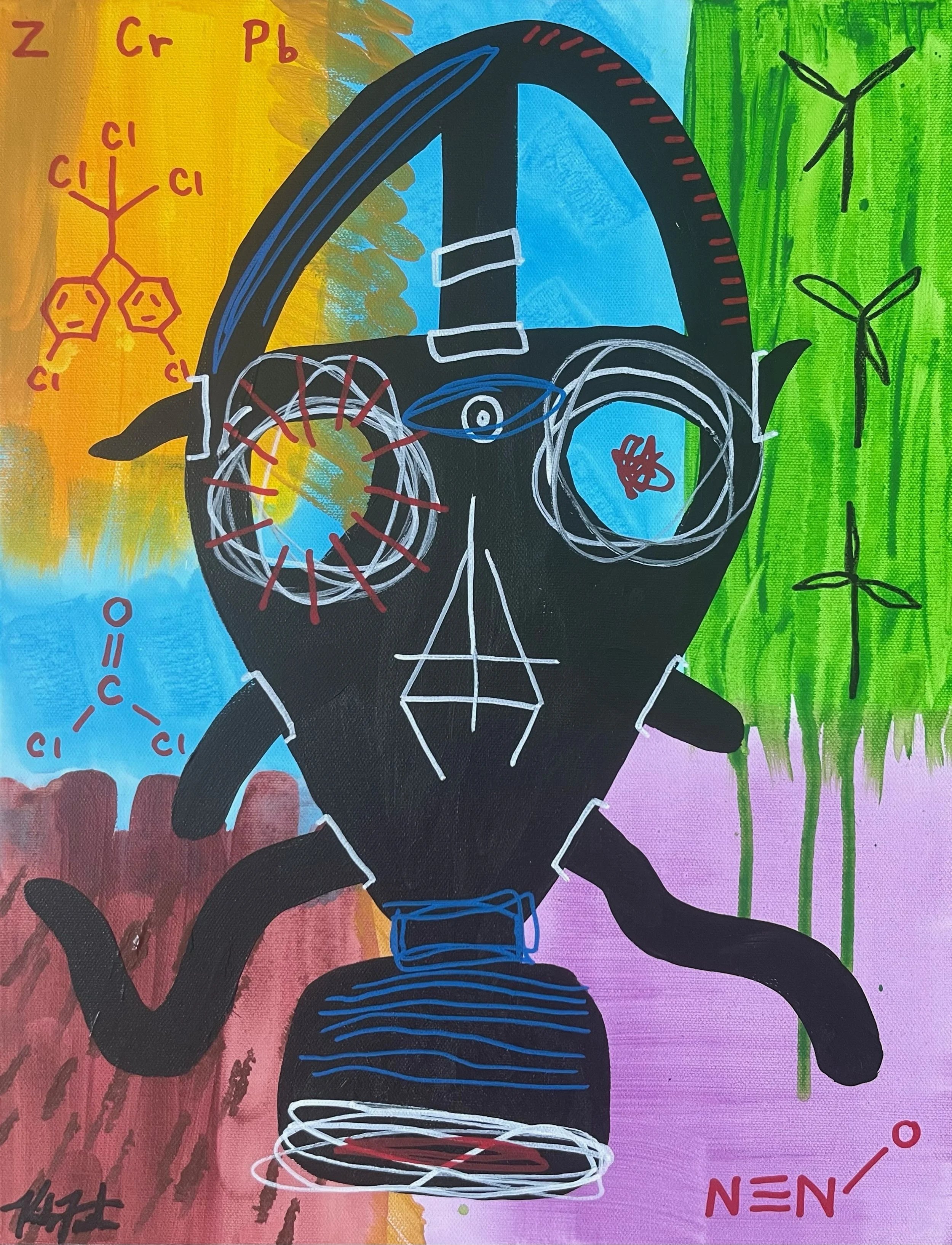 Salton,
acrylic on canvas,
14" x 18" //
Molecular structures are DDT, nitrous oxide, and chloroform.