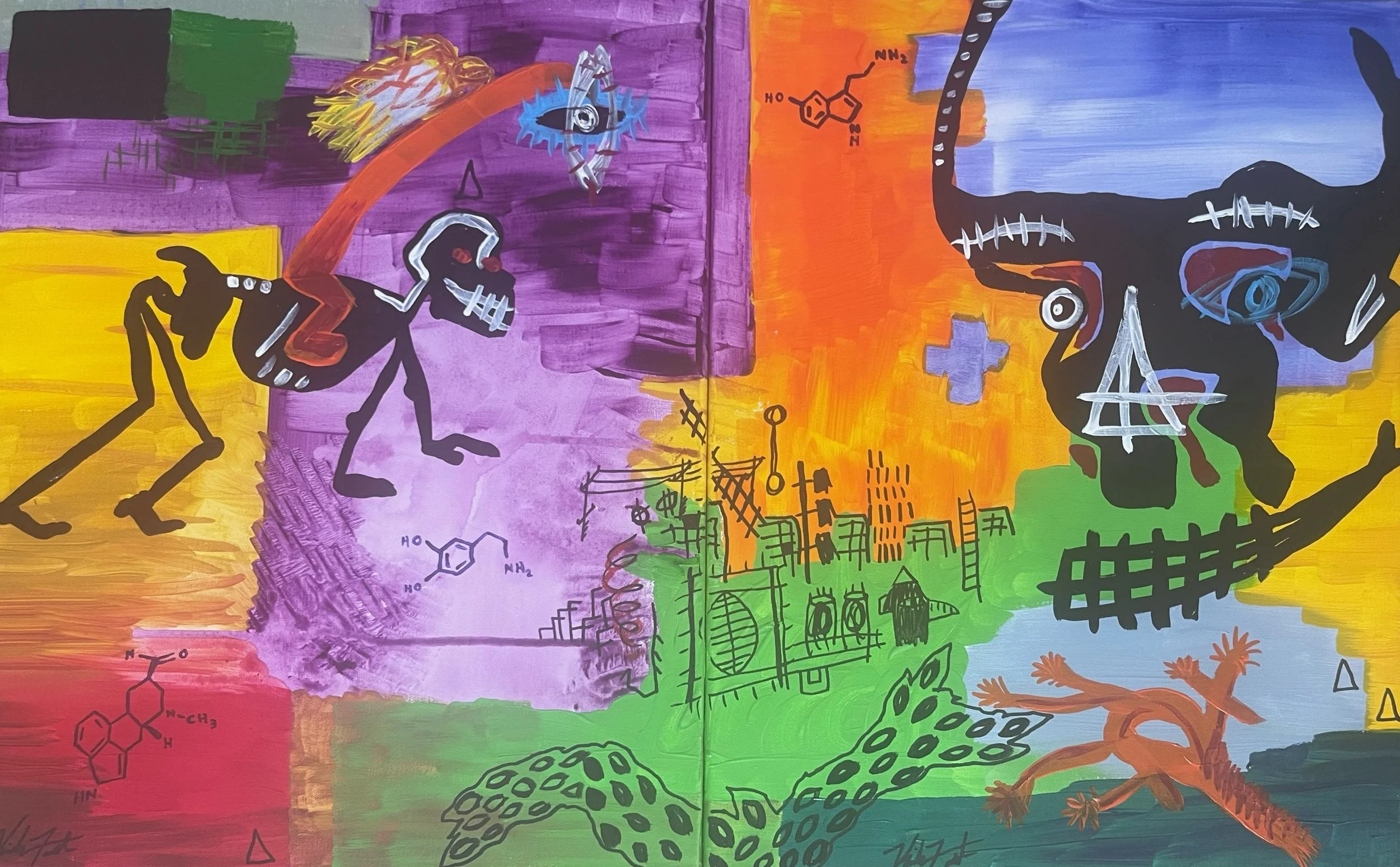 Trip to Skull Rock,
acrylic on canvas,
Diptych, Panel A 16" x 20", Panel B 16" x 20" //
Molecular structures are LSD and dopamine.