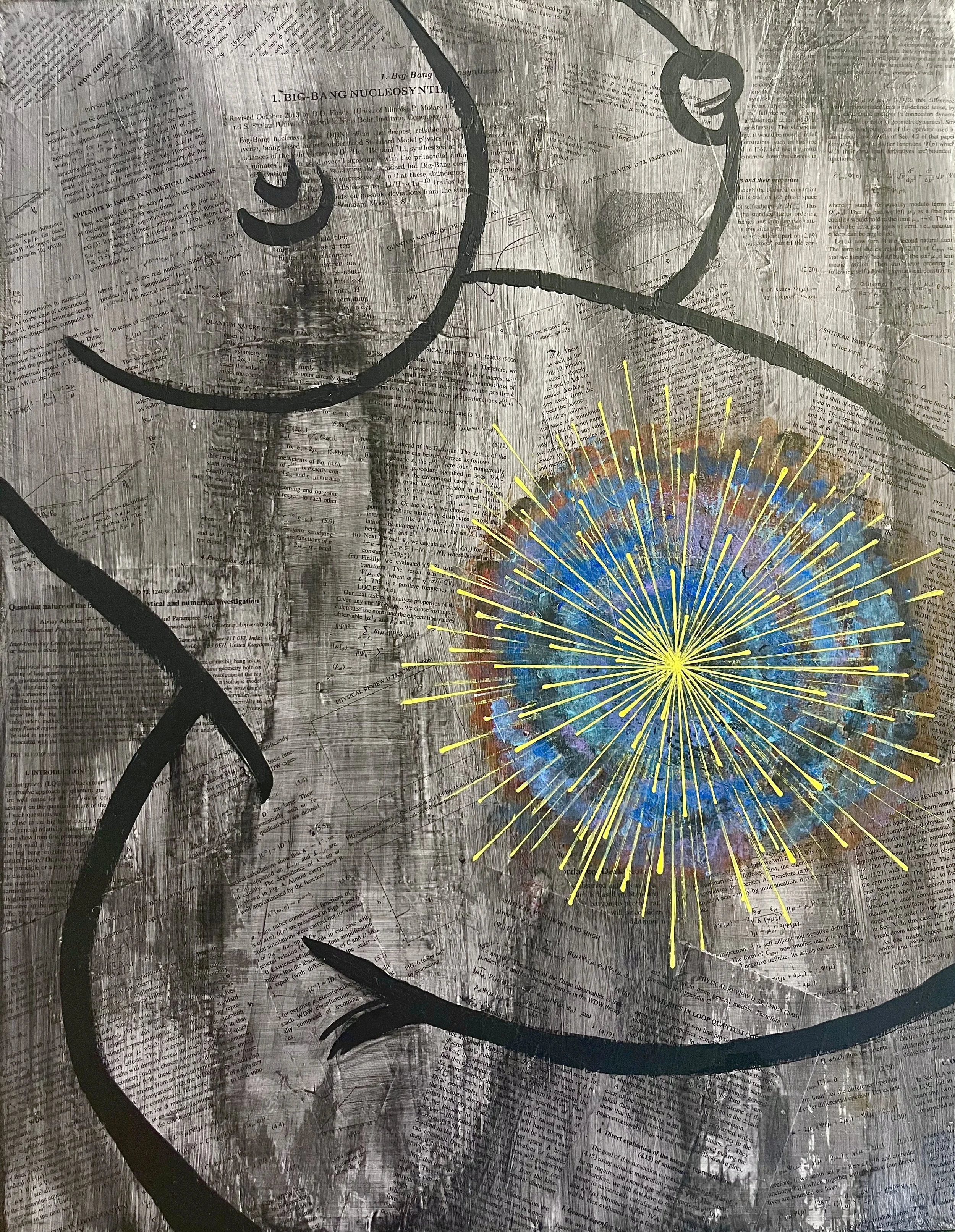 "Genesis,"
gel medium, recycled journal articles on the big bang, acrylic,
22" x 30"