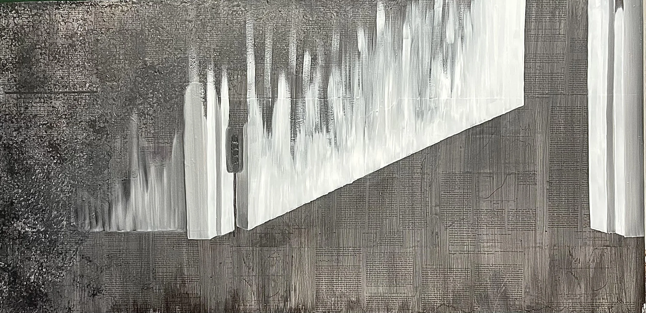 "Singular Timeline,"
gel medium, recycled journal articles on the formation and death of stars, acrylic, oils,
24" x 48"