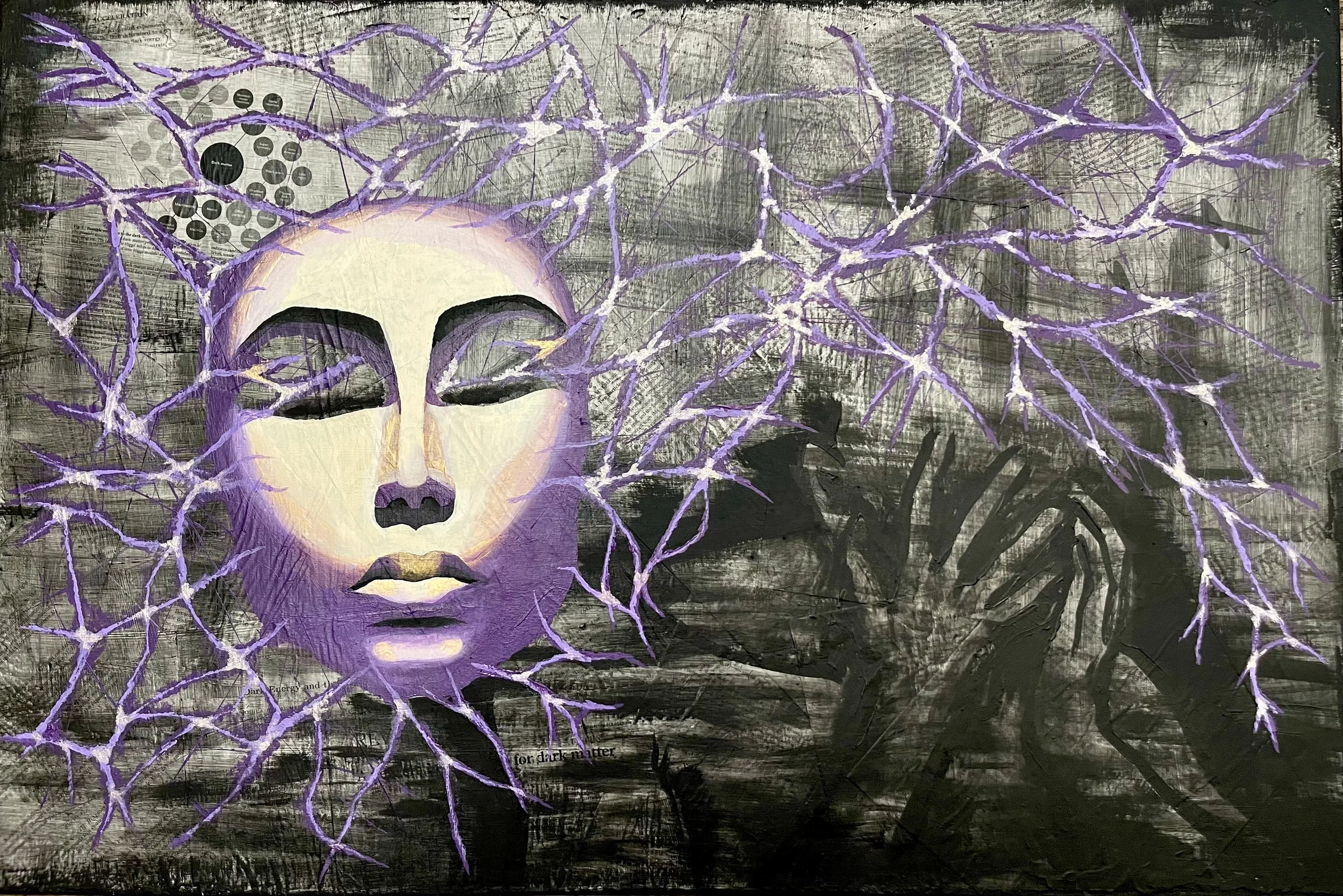 "Shadow Workings"
gel medium, recycled journal articles on dark matter and dark energy, acrylic,
24" x 36"