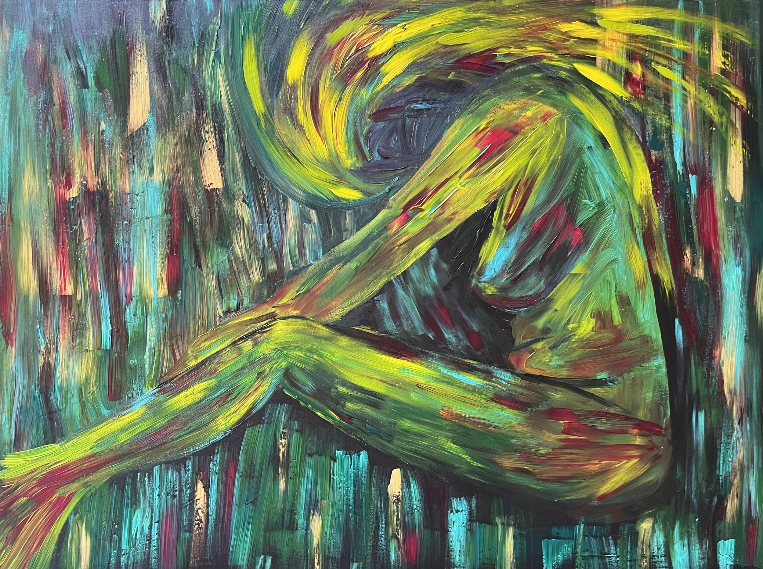 Summer Siren,
acrylic and oil stick on gallery profile canvas,
48" x 36"