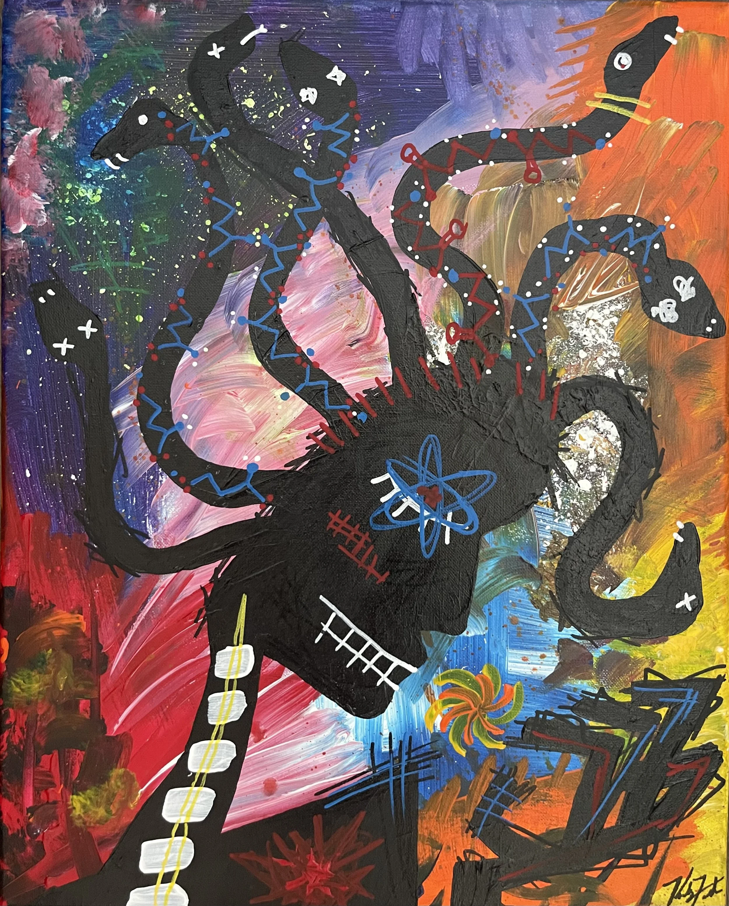 Powder Pill and Drink,
acrylic on canvas,
16" x 20" //
Molecular structure implications are glutamate and GABA.