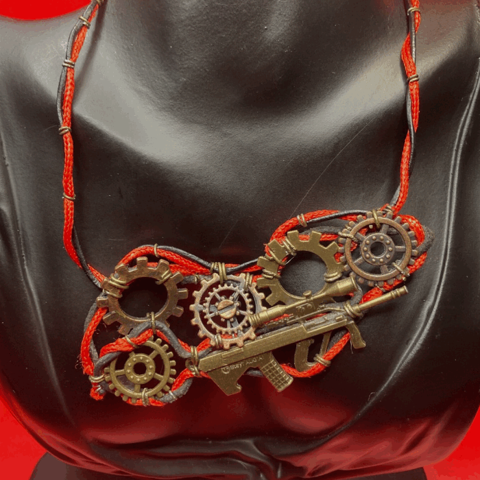 Machine Gun with Gears Black and Red Leather Necklace