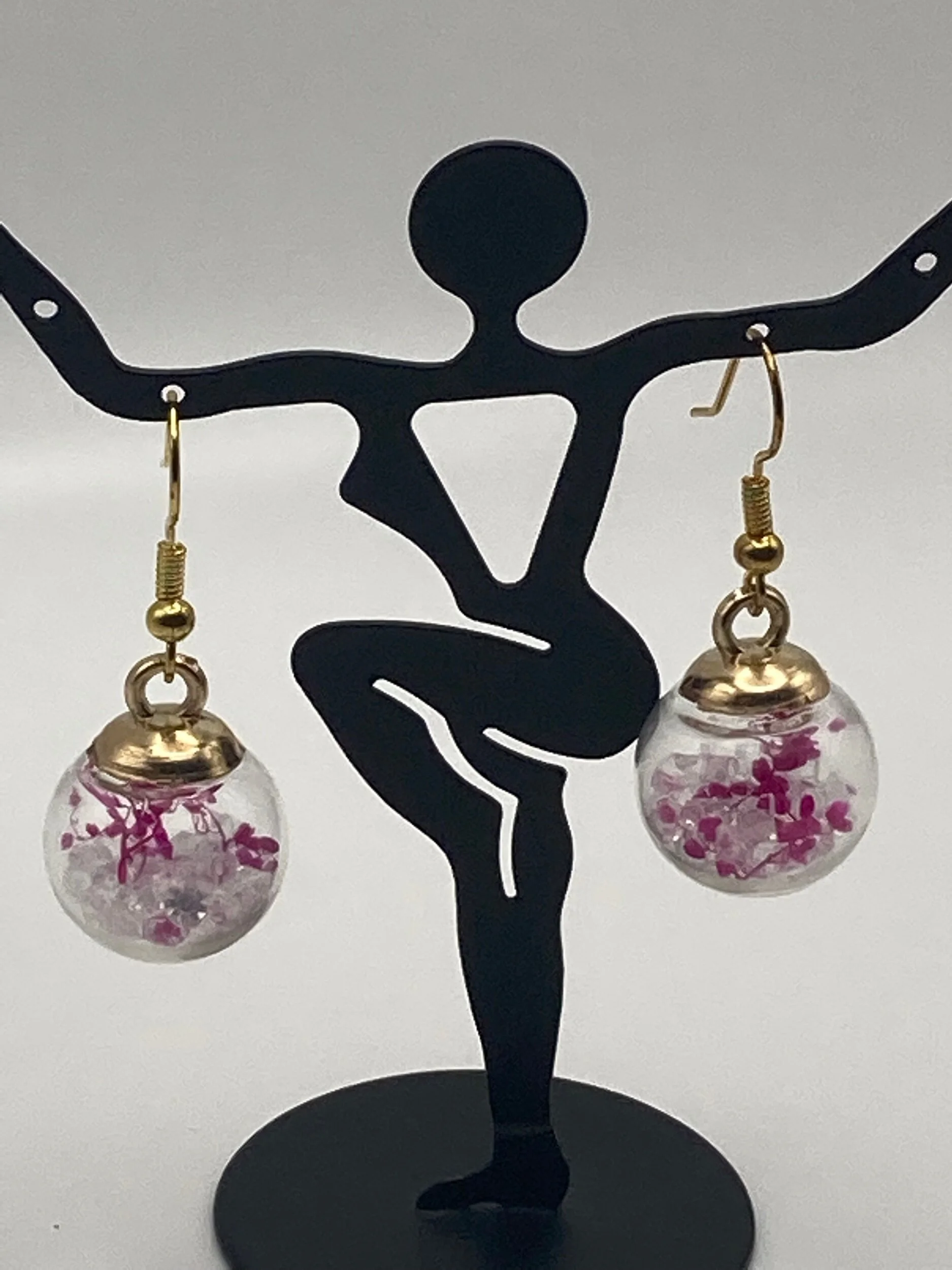 Pink and Clear Glass Ball Pendant Earrings