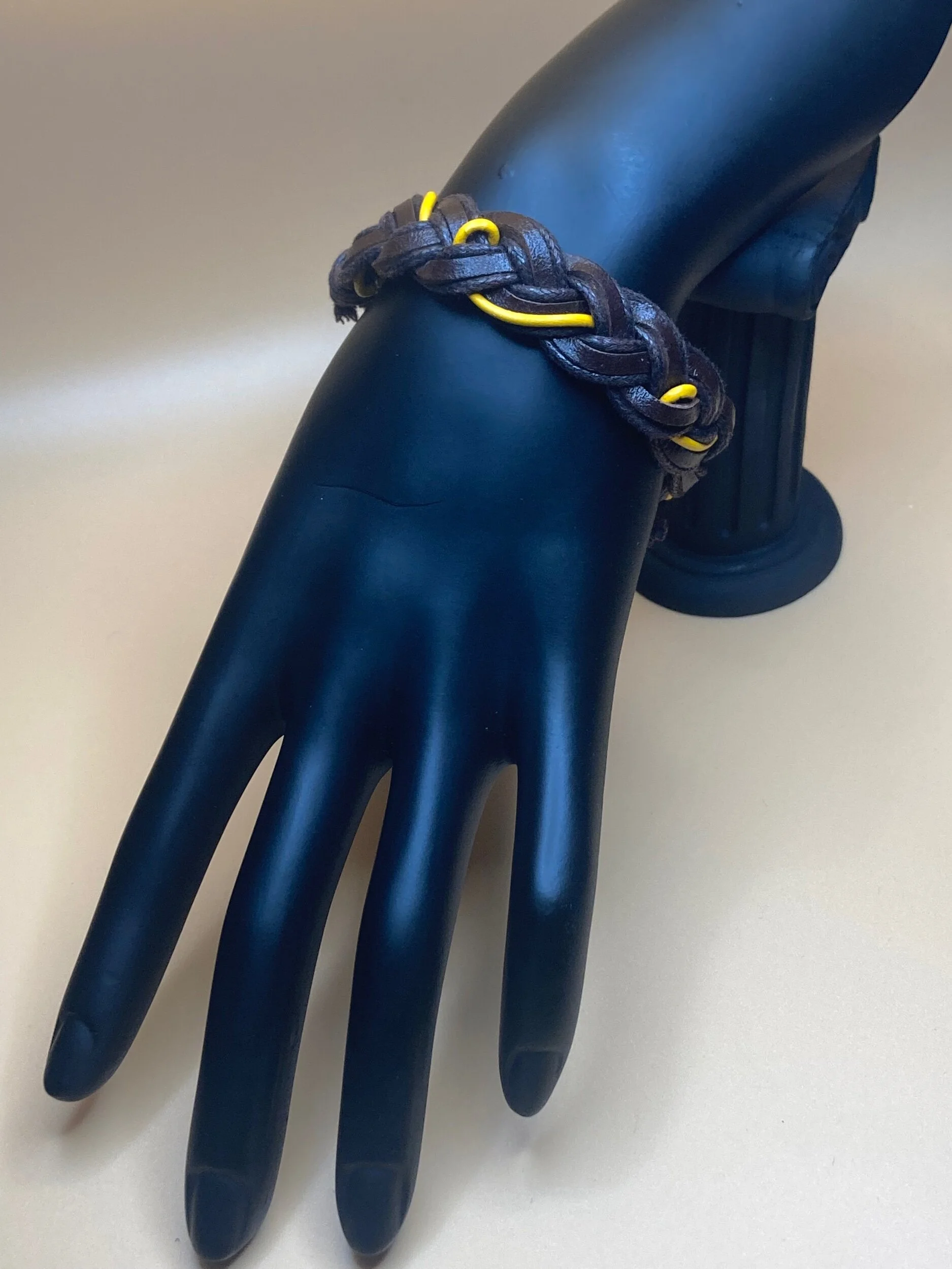 Dark Brown and Yellow Braided Leather Bracelet