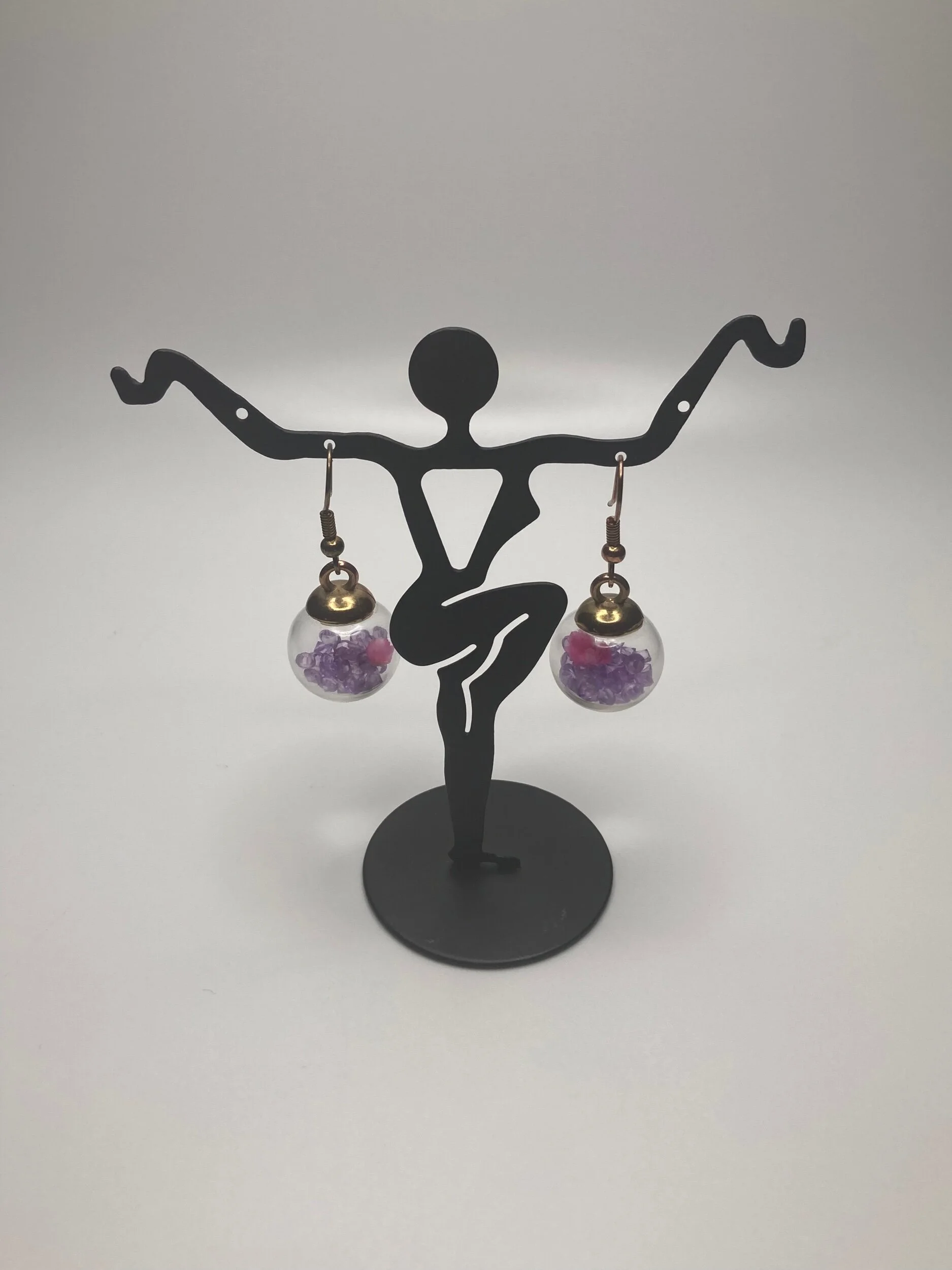 Purple Glass Ball Pendant Earrings with Pink Dried Flowers