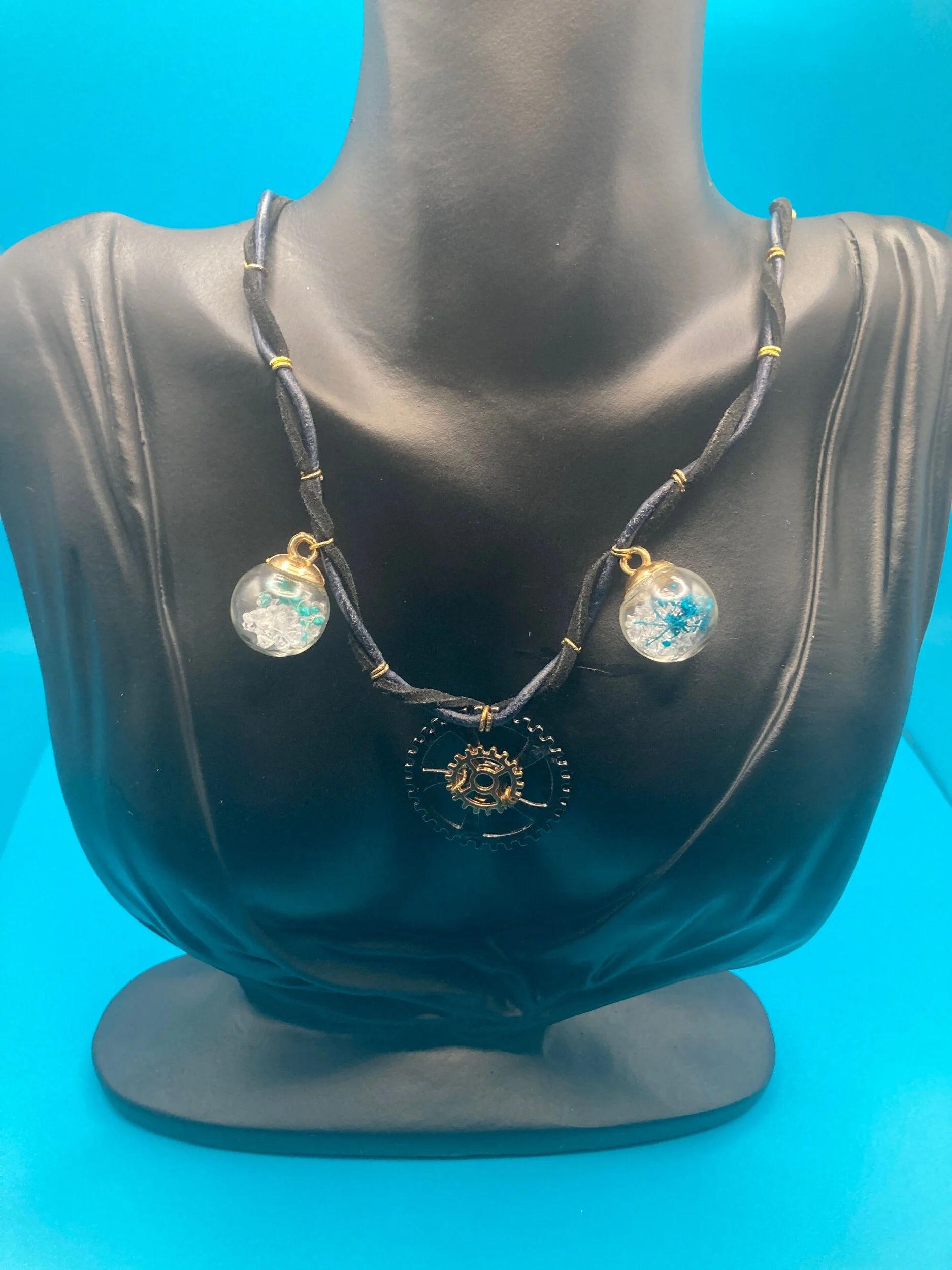 Black Leather Watch Gear Necklace with Glass Ball Pendants