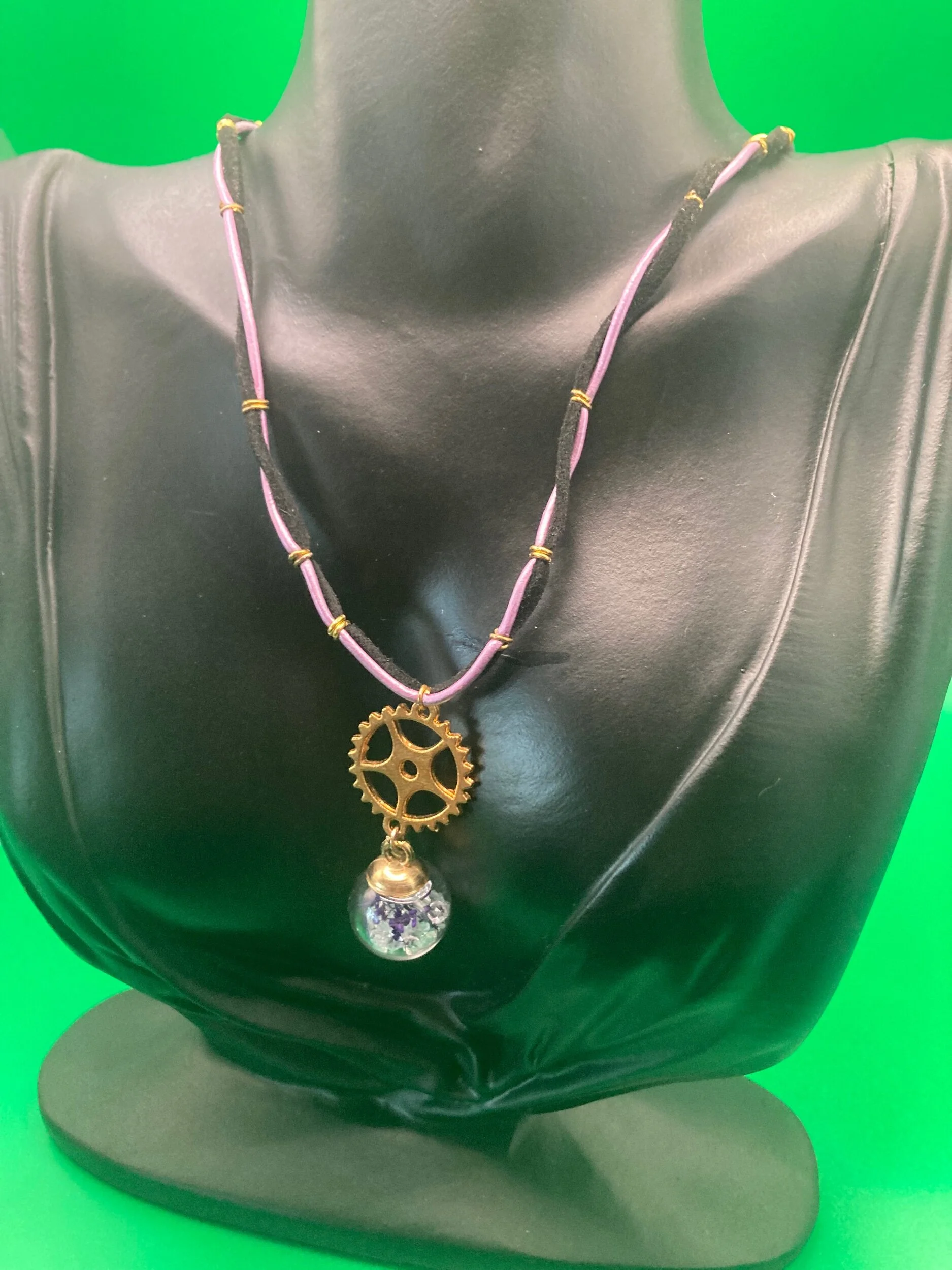 Purple Leather Necklace with Watch Gear and Glass Ball Pendant