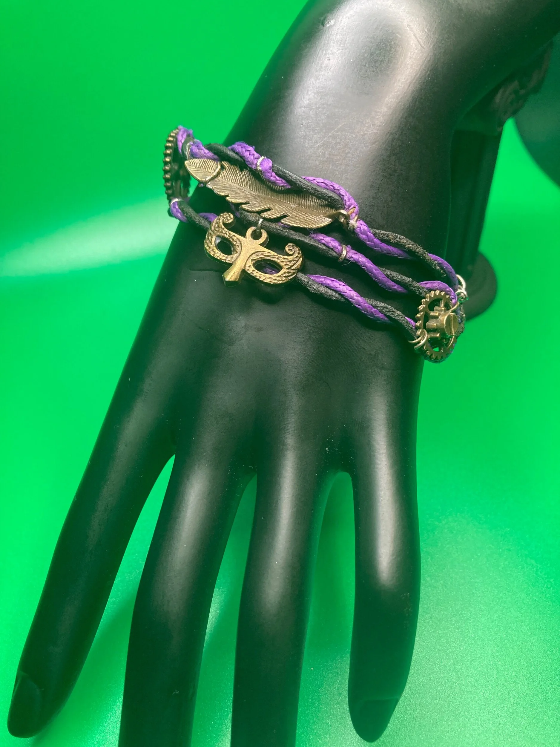 Marque Mask Feather Twisted Leather Purple Bracelet