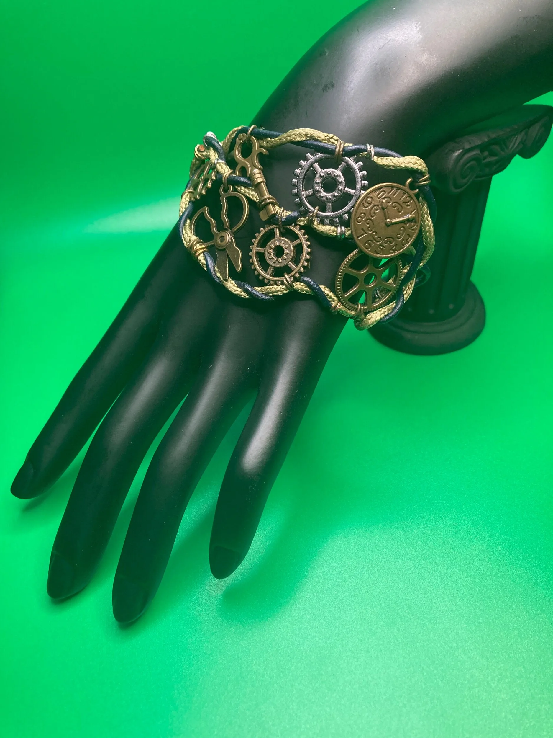 Clock Face Scissor Key Watch Gear Twisted Leather Bracelet