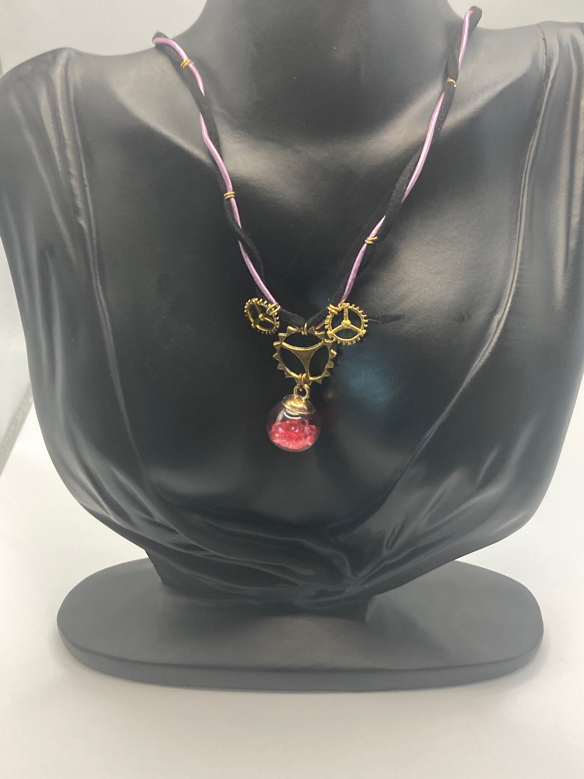 Glass Ball Pendant and Gold Watch Gear Leather Necklace