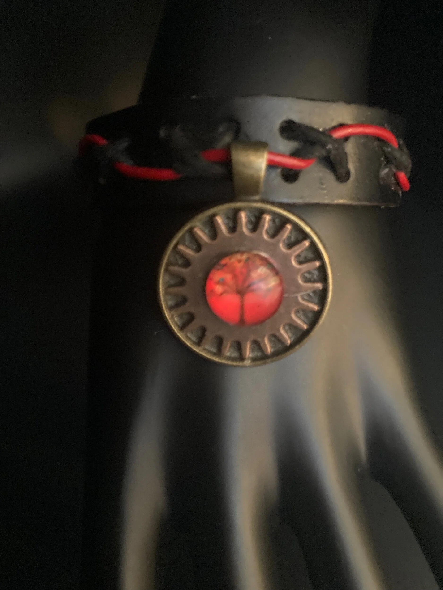 Crystal Tree on Copper  Black Leather Bracelet