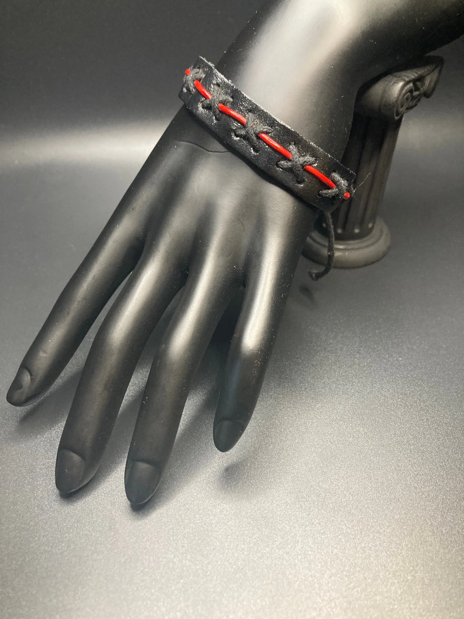 Criss Cross Black Leather Bracelet with Red Leather