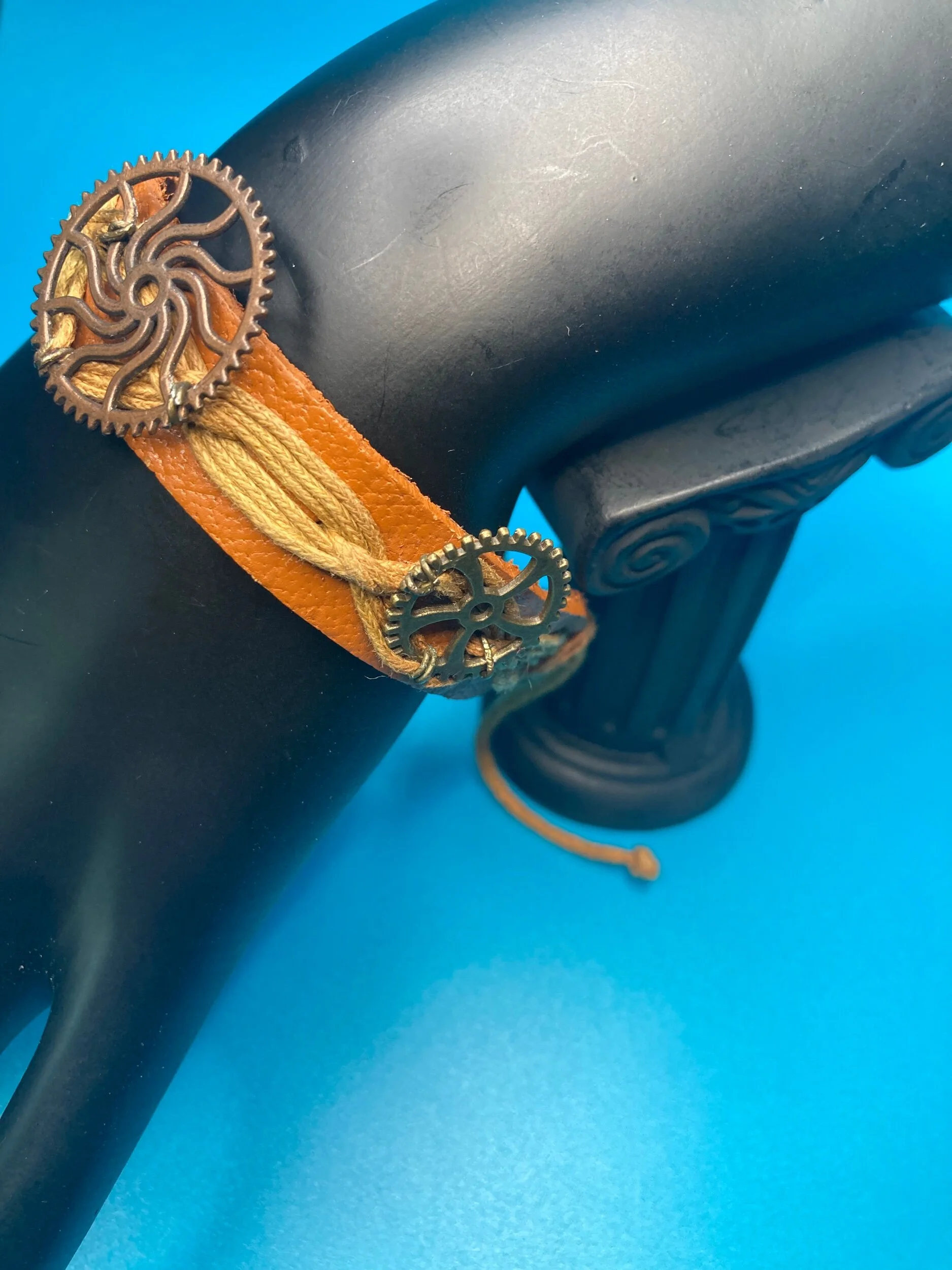 Spiral and Watch Gear Light Brown Leather Bracelet