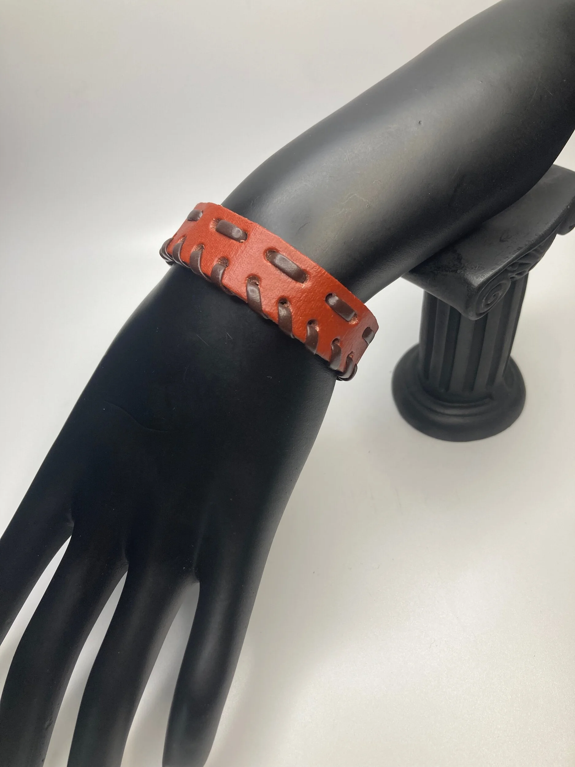 Brown Leather Bracelet with Black Leather Stiching