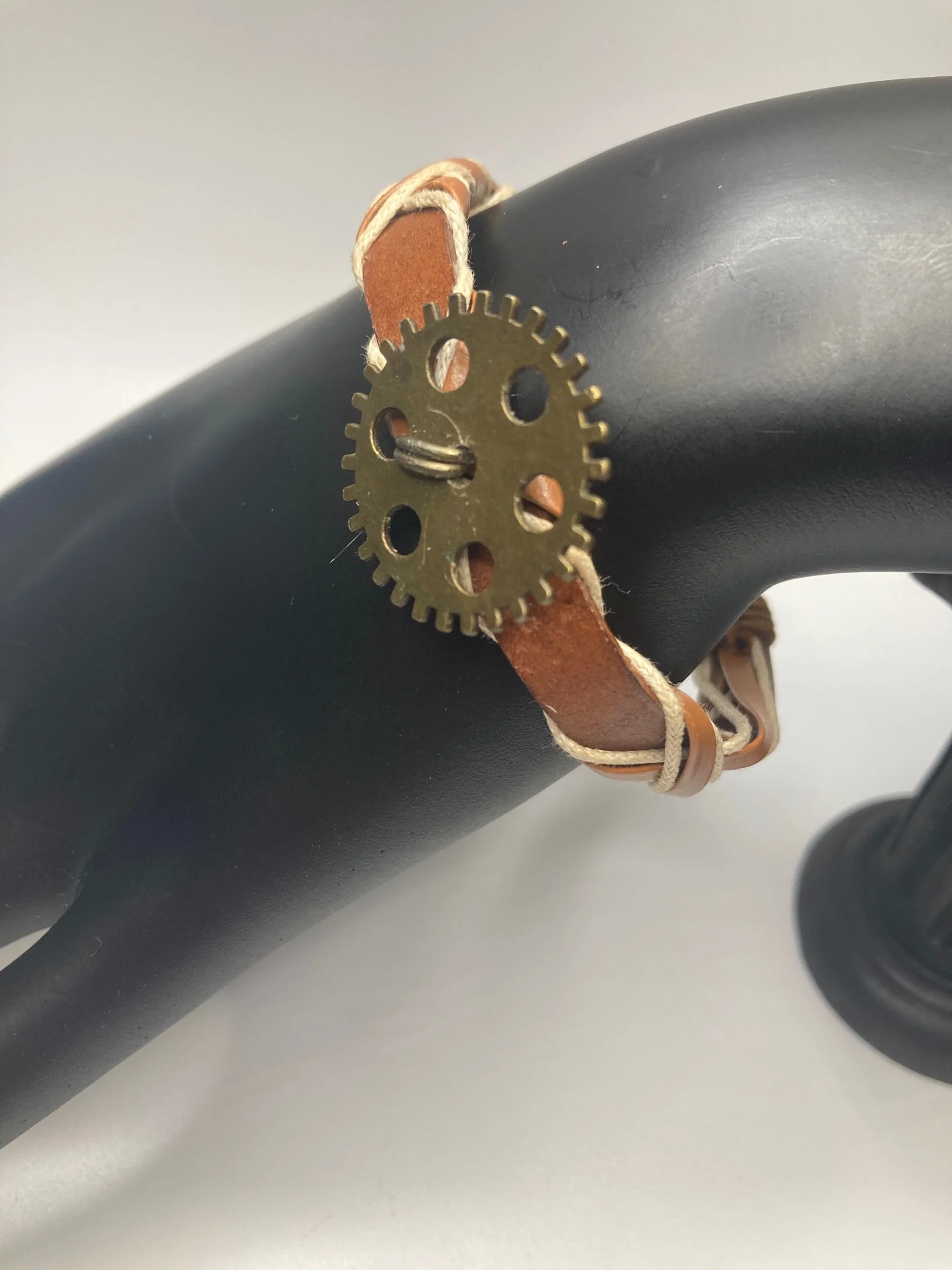 White Stitching Brown Leather Bracelet with Copper Gear