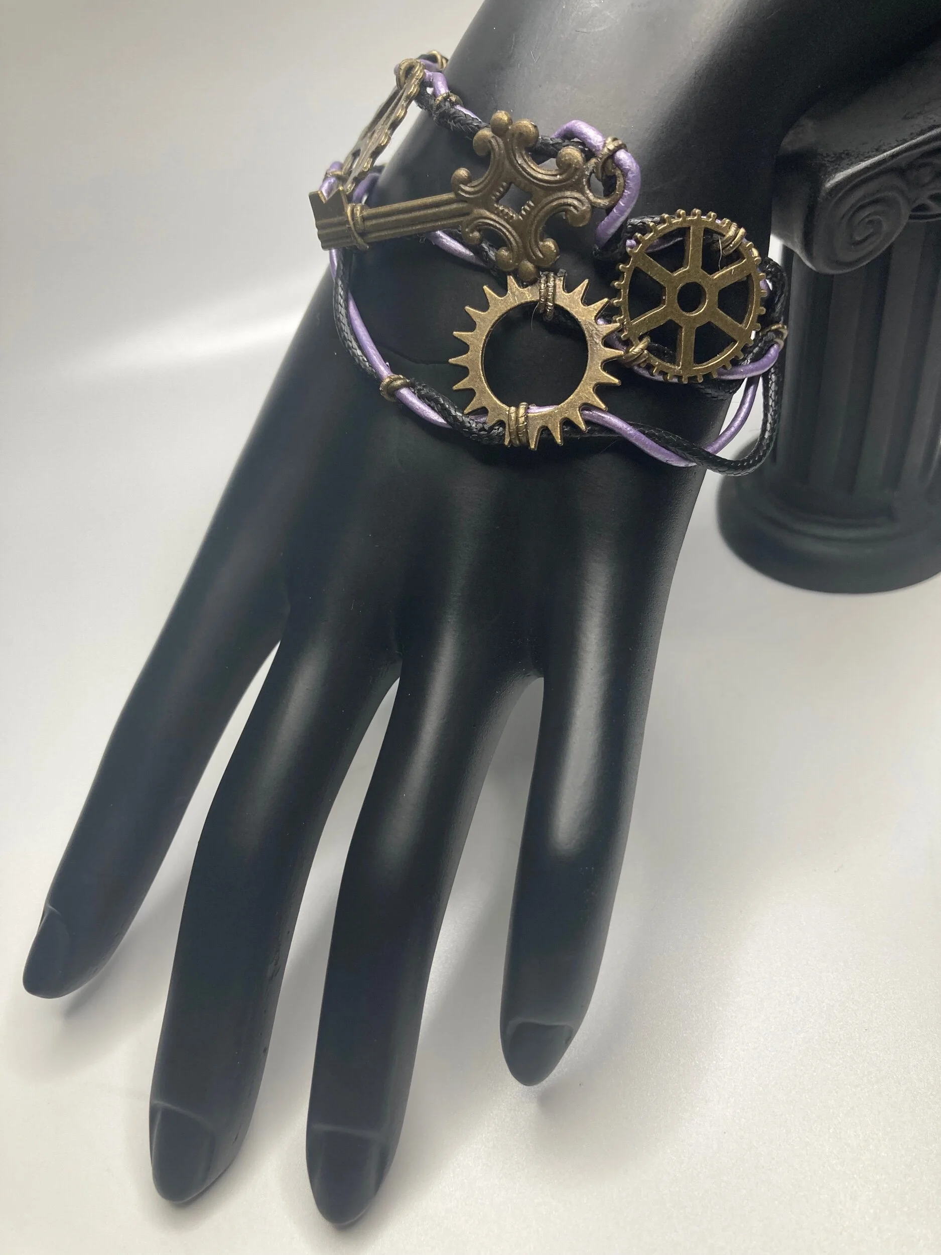 Purple and Black Key and Gear Leather Bracelet