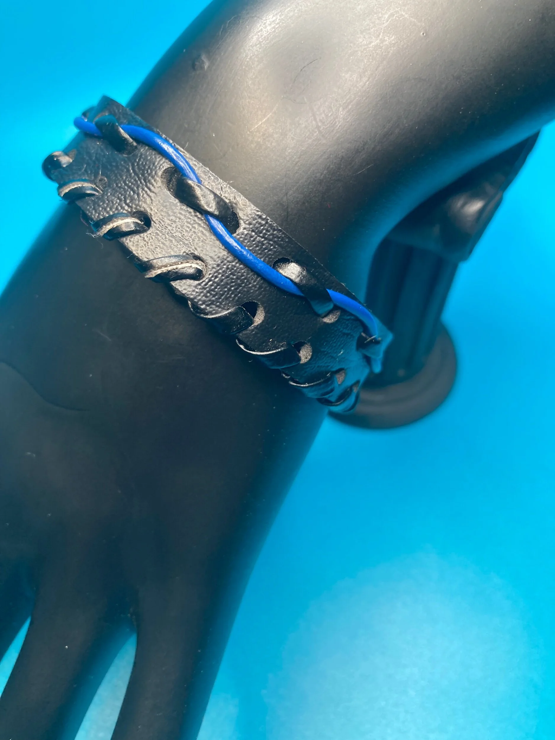 Stiched Black and Blue Leather Bracelet