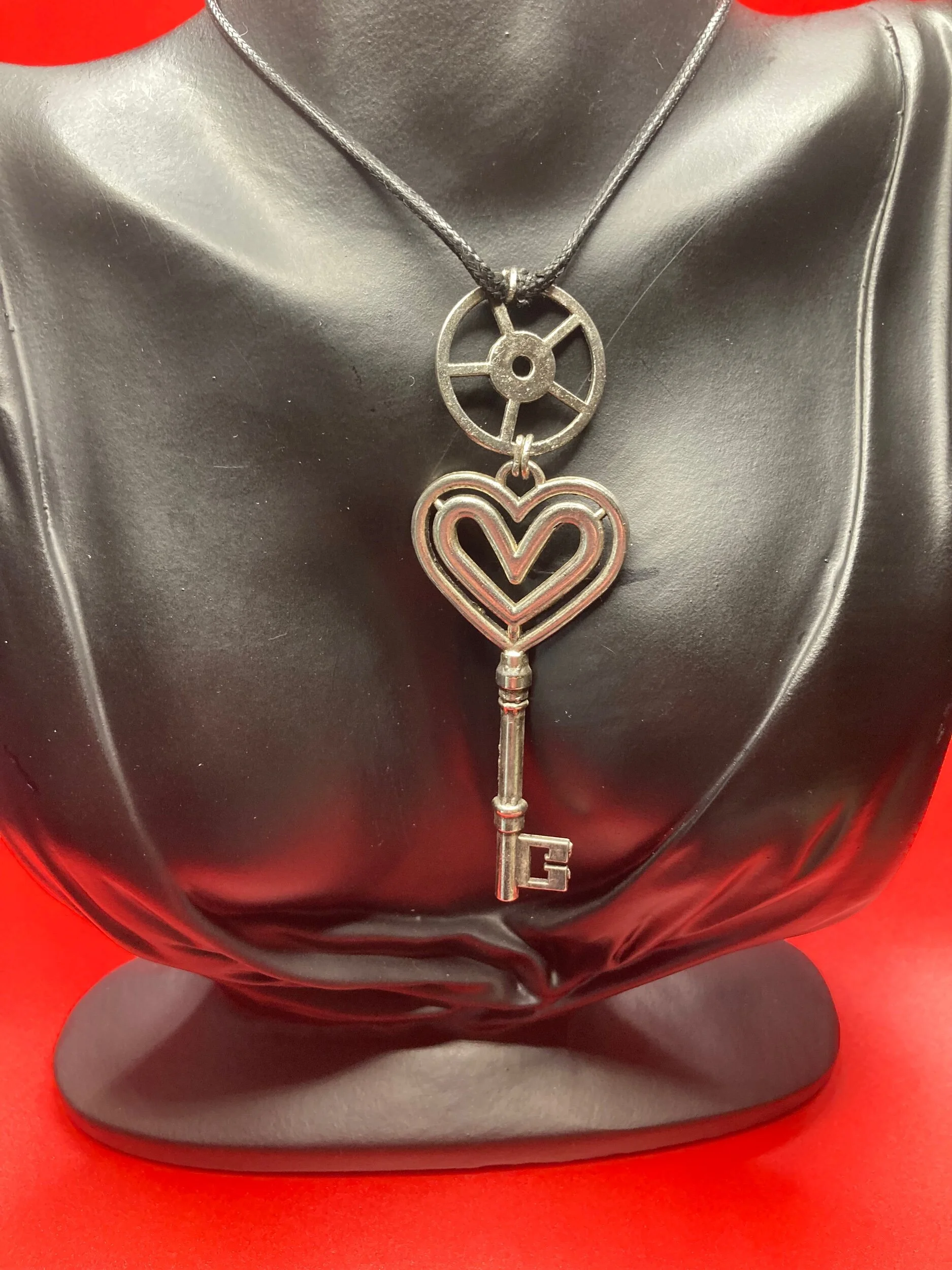 Double Silver Watch Gear and  Heart Key Black Leather Necklace