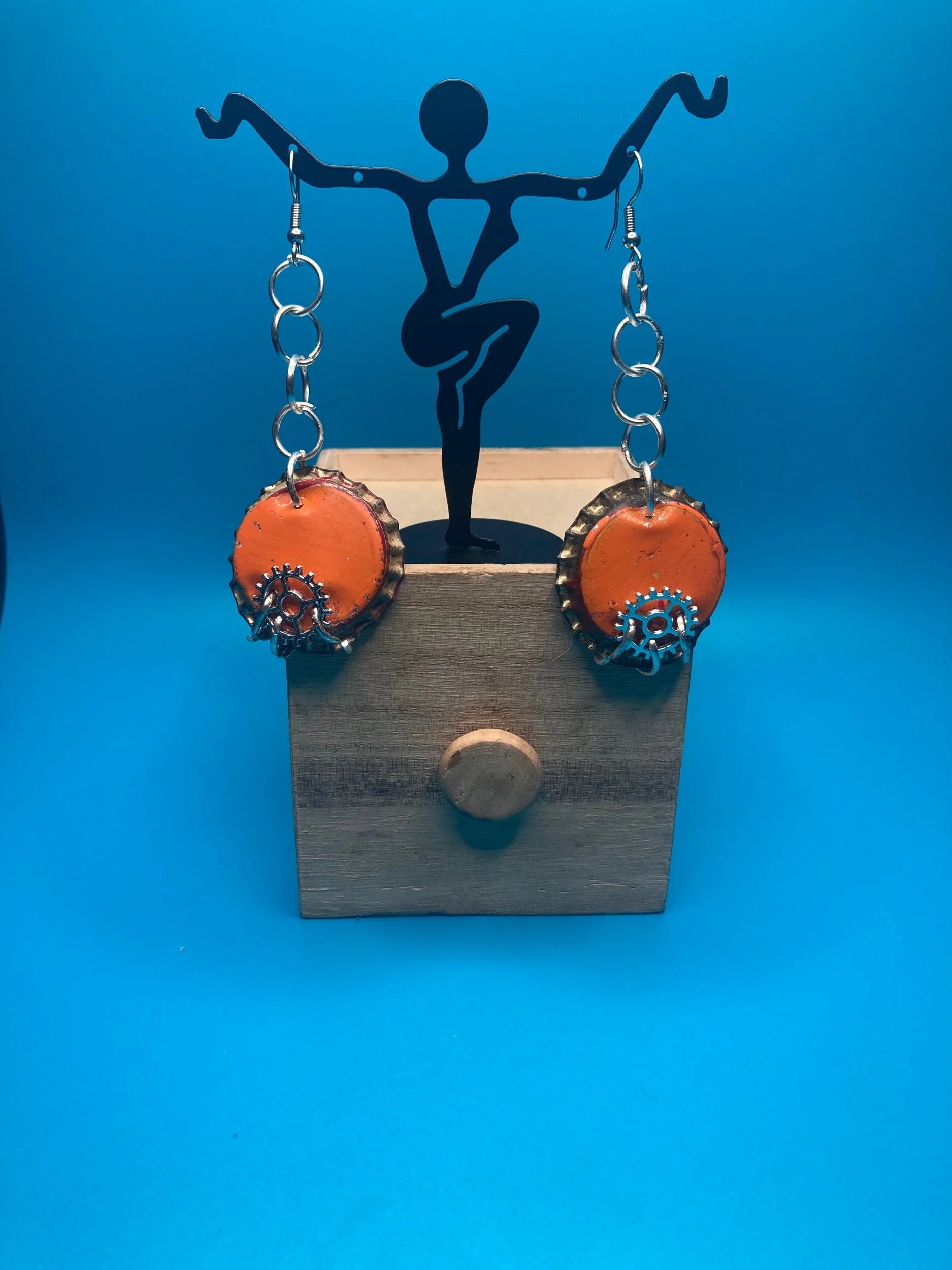 Vintage Orange Crush Soda Bottle Caps with Silver Watch Gears Earrings