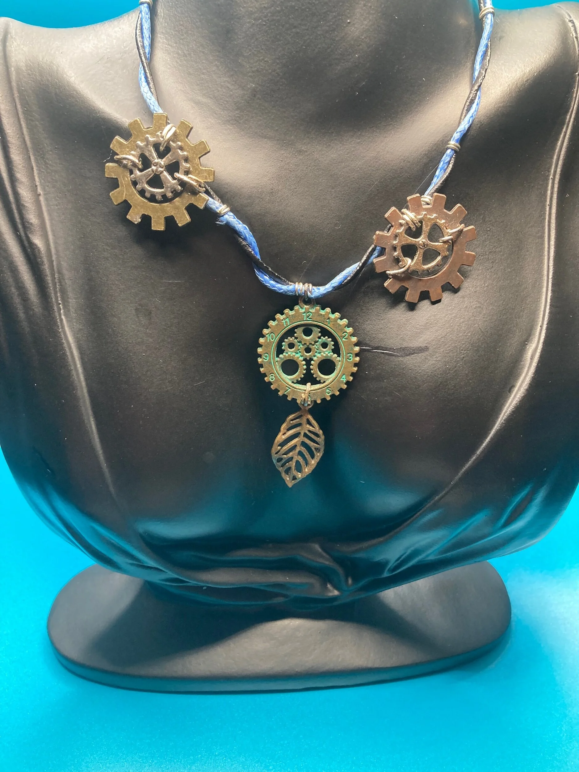 Gears, Watch Face, and Leaf Copper and Silver Leather Necklace