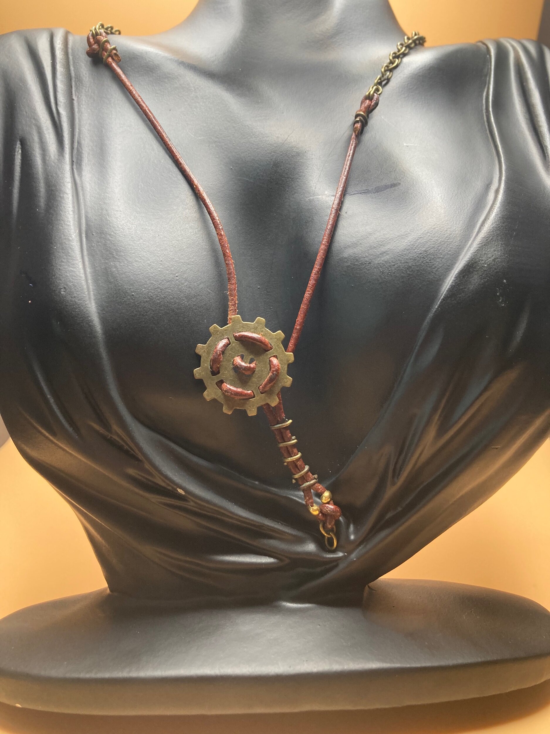 Entwined Leather Gear Long Leather Necklace