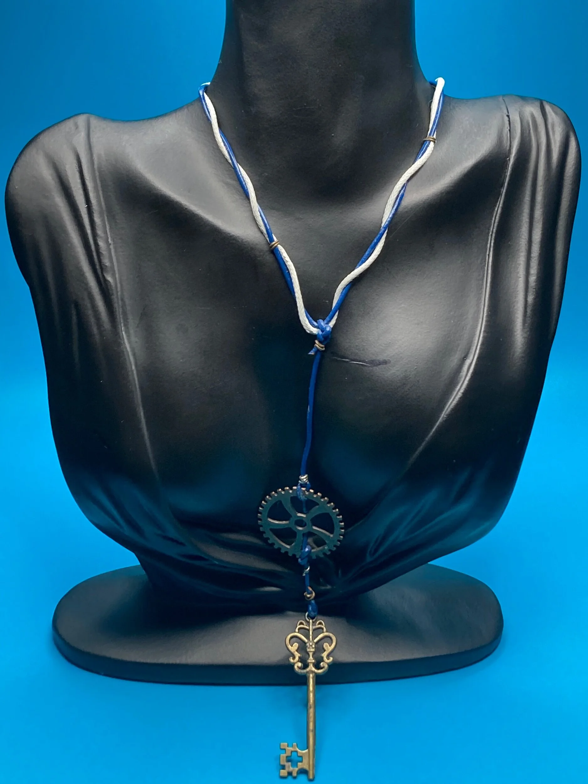 Long Blue Leather Necklace with Gear and Key