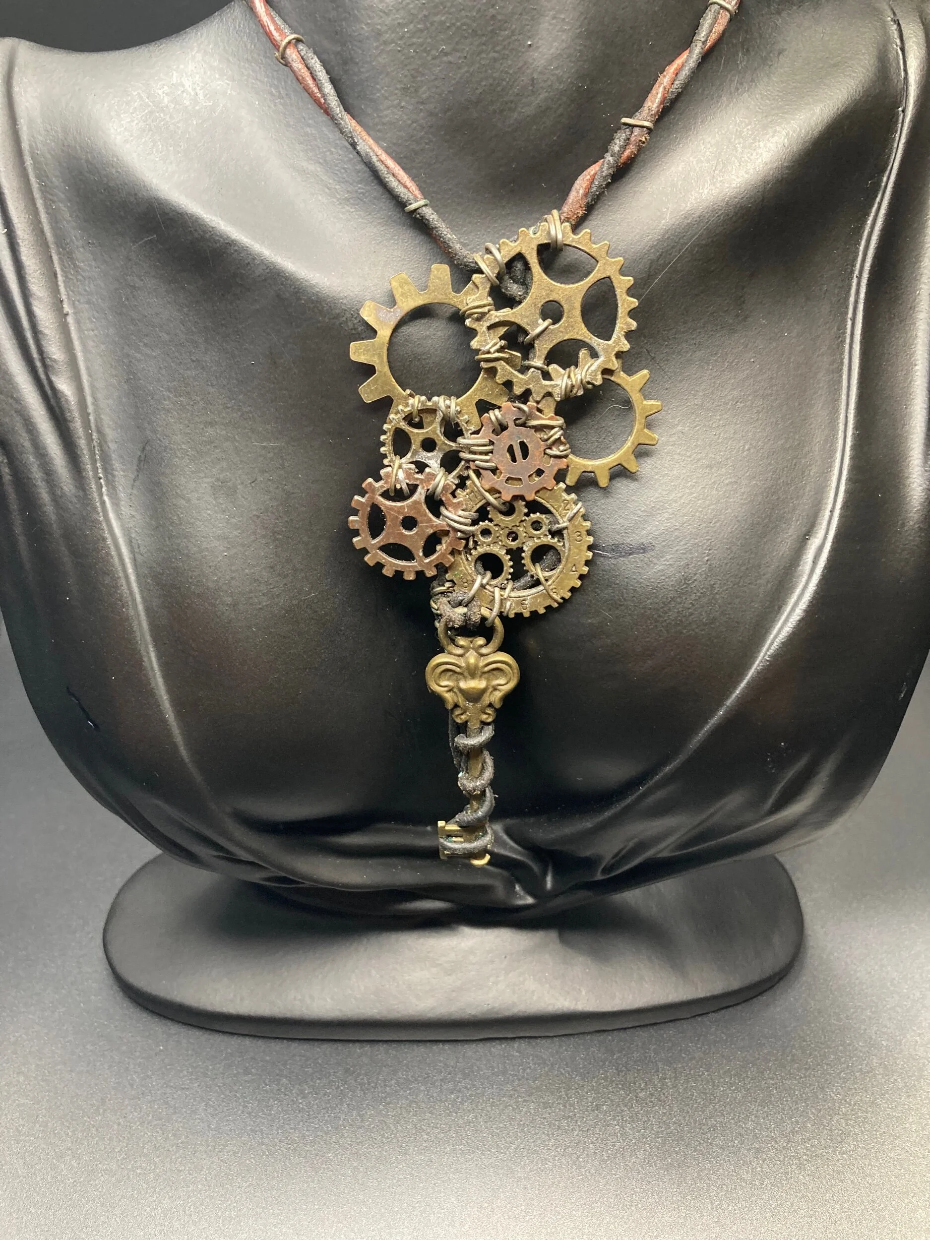 Gears with Key Long Leather Necklace