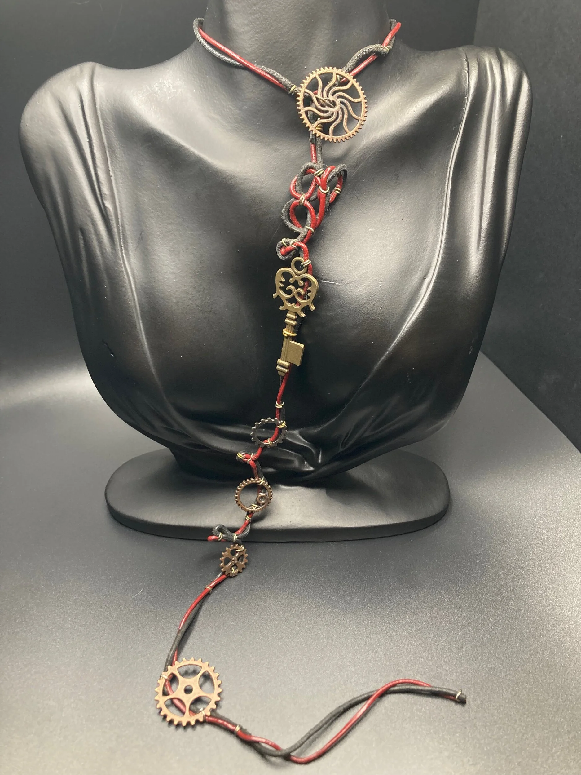 Long Leather Red and Black Necklace with Copper Gears and Key