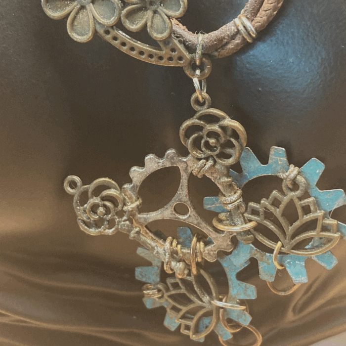 Double Brown Leather Necklace with Glowers and Watch Gears