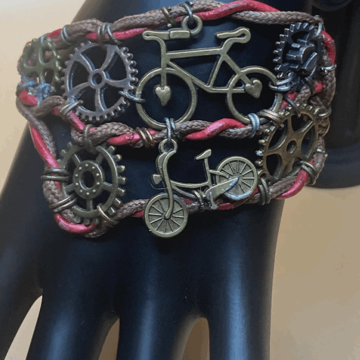 Bicycle Watch Gear Bracelet with Brown and Dark Red Leather