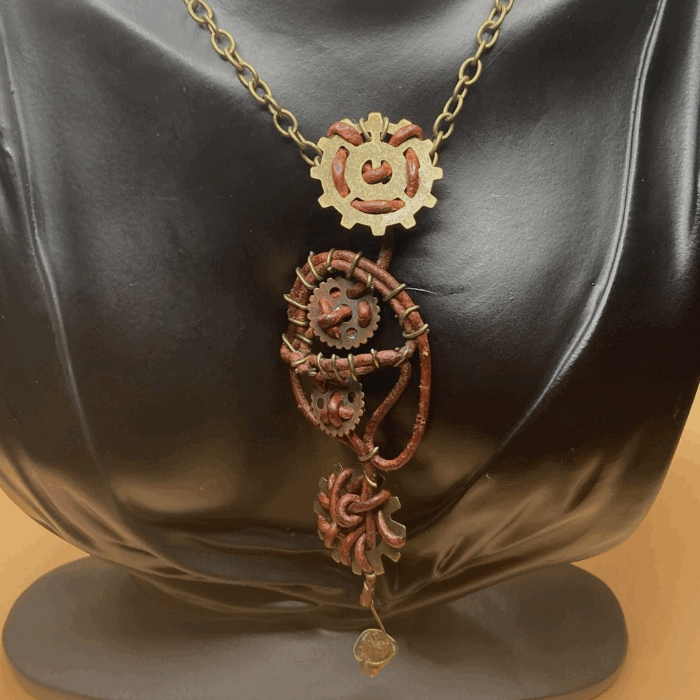 Superfluous Copper Gear Brown Leather Necklace