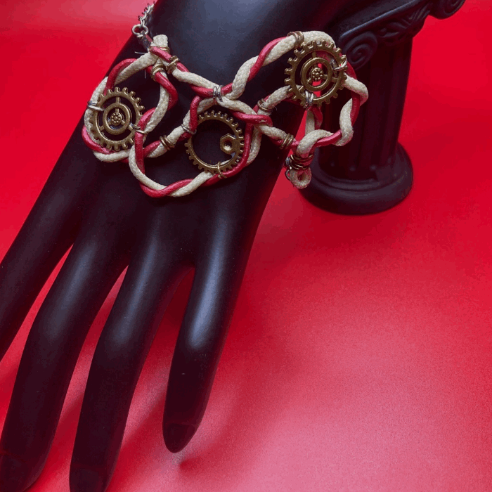 White and Red Leather Twisted Gear Bracelet
