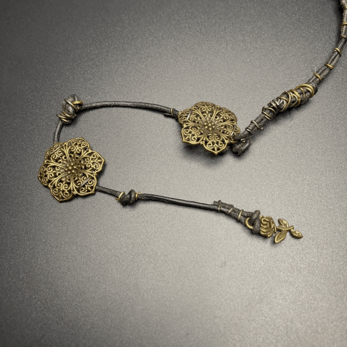 Fleur De Lis Long Black Leather Necklace