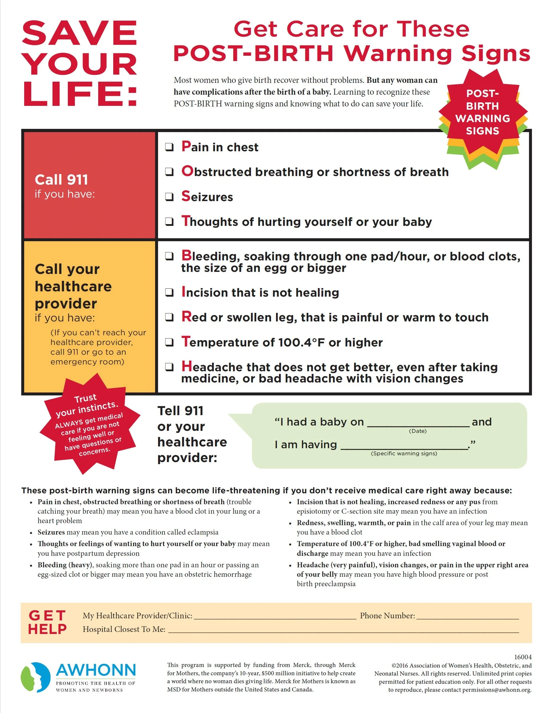 Post birth warning signs in English and Navajo