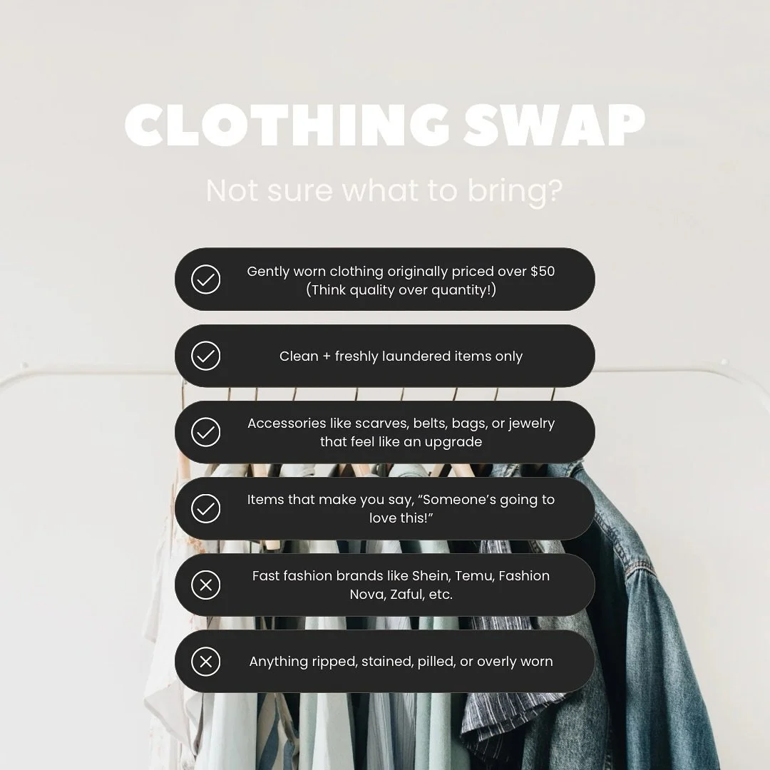 EARLY DROP-OFFS START TOMORROW!

Not sure what to bring to the Clothing Swap? We&rsquo;ve got you! 👀

Think: quality over quantity.

We&rsquo;re looking for gently-loved pieces that originally retailed over $50 &mdash; the kind of thing you&rsquo;d 